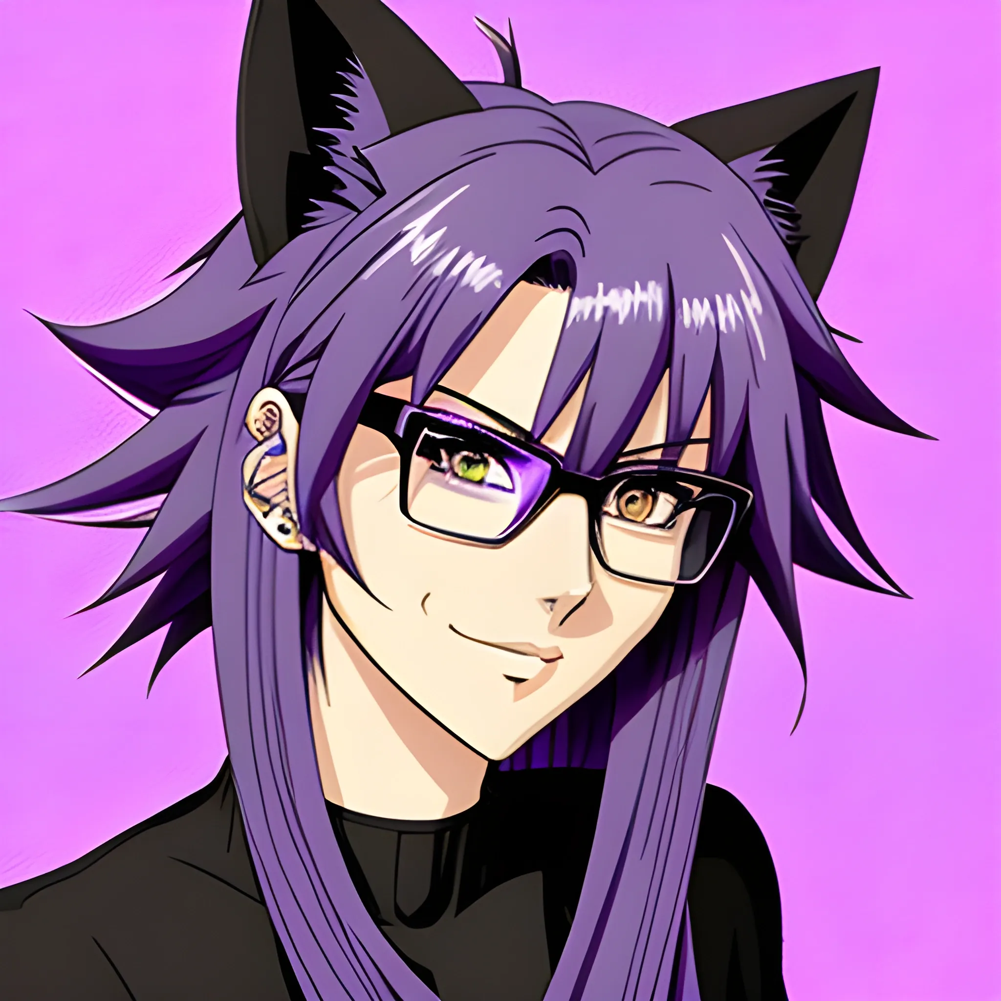 Girl with glasses, wolf cut, purple hair, 90's anime, cute