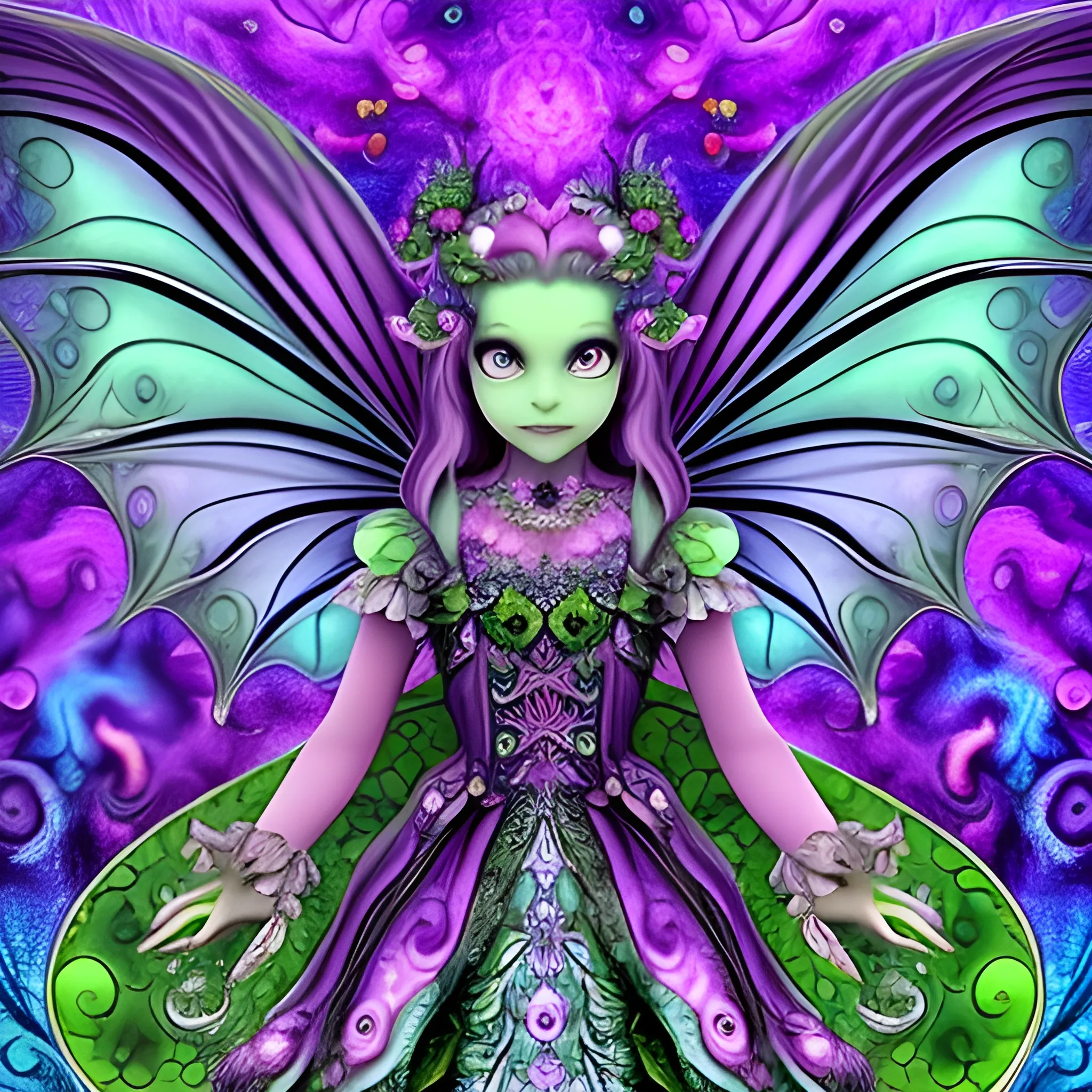 Dragon fairy bear psychodelic green and purple 