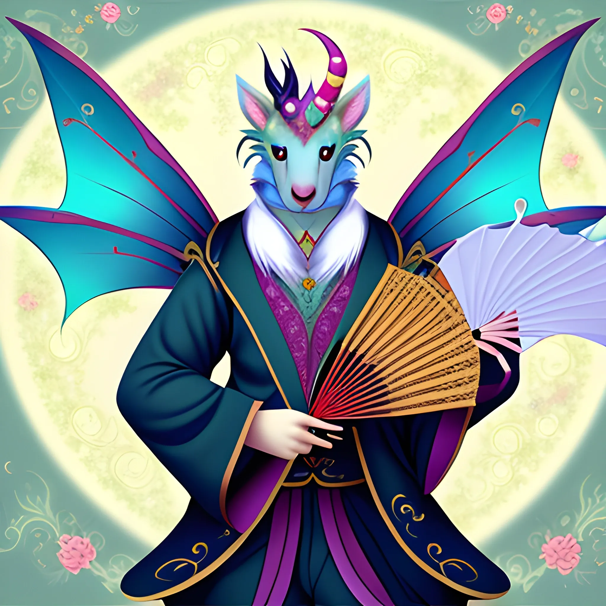 Fairy dragon bear fursona male oriental dressed holding an open fan