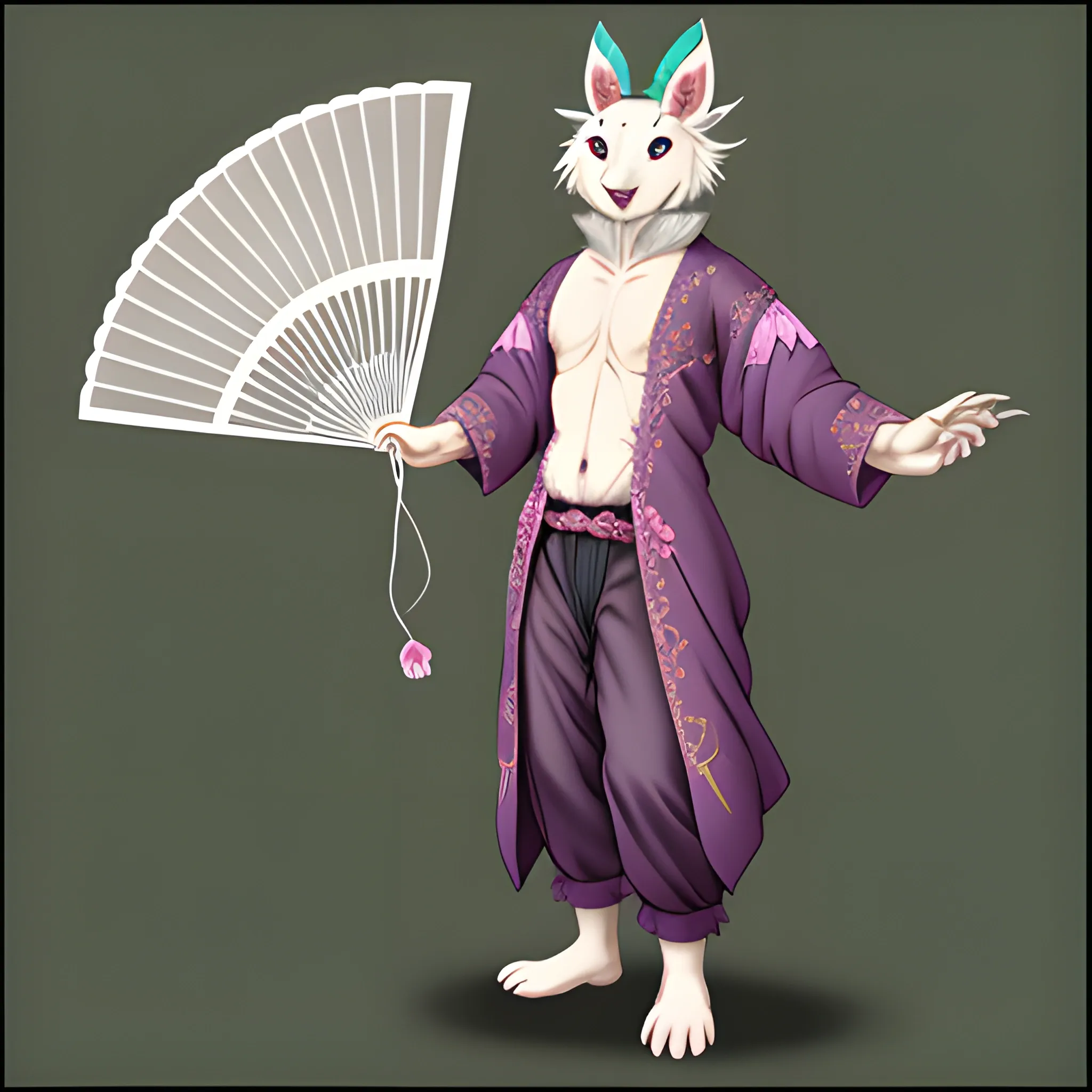 Fairy dragon bear fursona male oriental dressed holding an open fan in one hand
