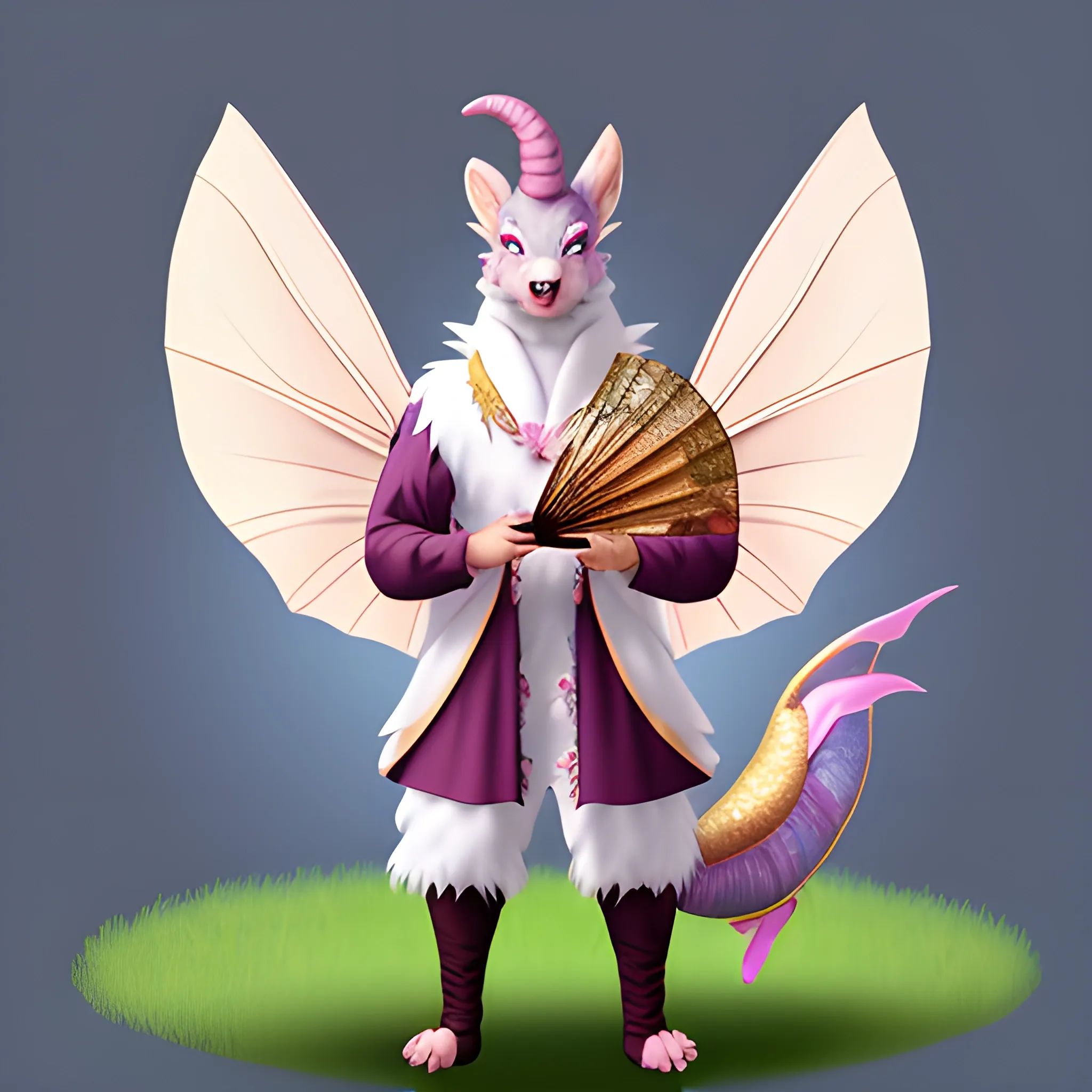 Fairy dragon bear fursona male oriental dressed holding an open fan in one hand
