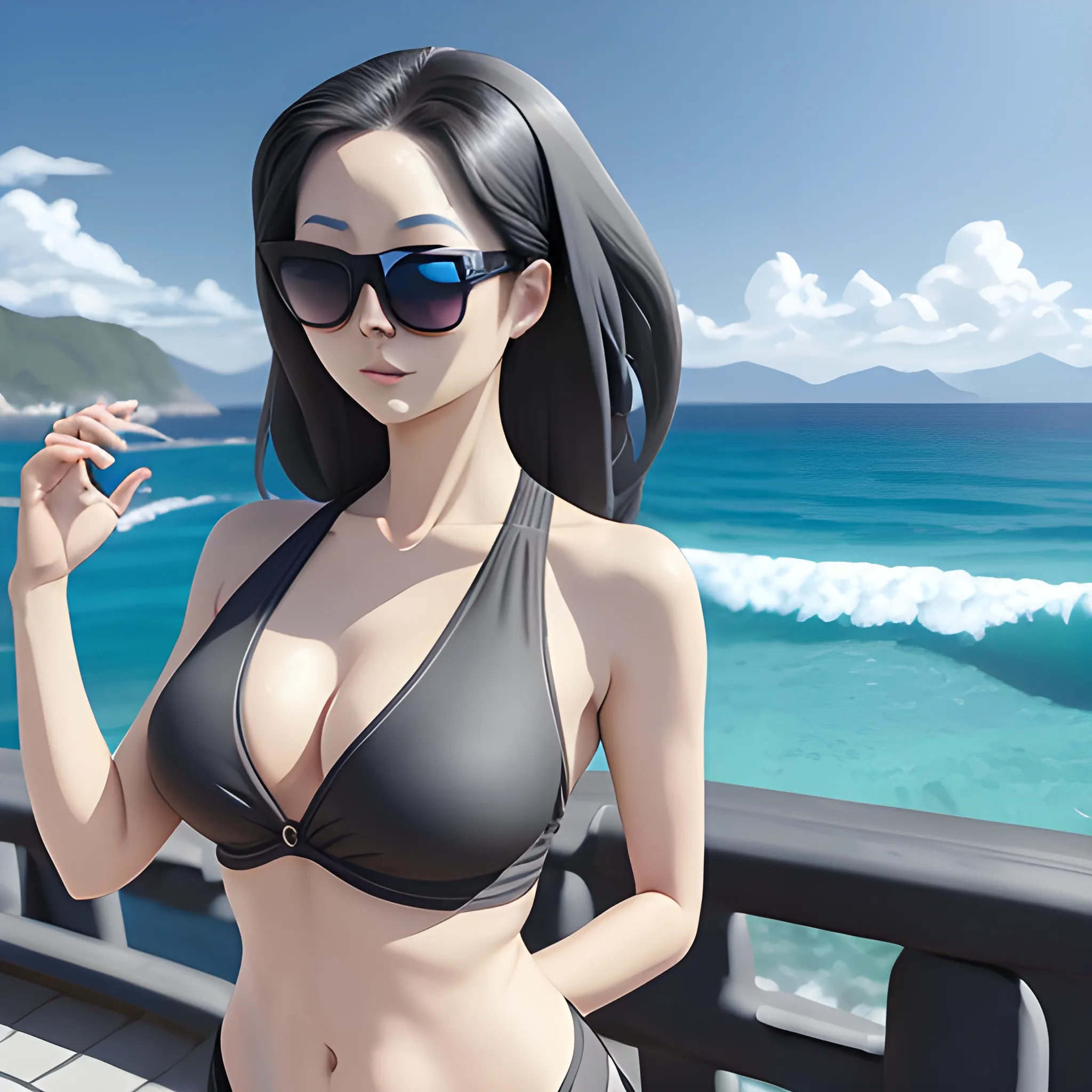 a woman wearing sunglasses posing in front of the ocean, in the style of dark gray and dark azure, curves, sandara tang, fine lines, delicate curves, traincore, paleocore, yuko tatsushima Anime, 16k, --v 5.2 --ar 9:16 --s 750