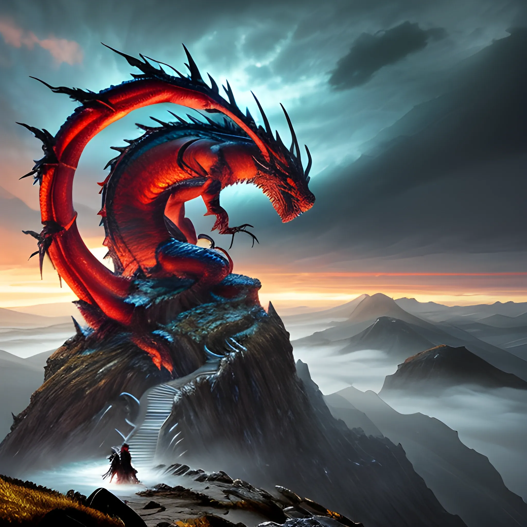 epic landscape where a colossal dragon looms out of the stormy sky, with huge red flames comes up of its mouth. Its scales are armored plates of ancient design, and its mane of sharp spines crests magnificently along its neck. At the mountain pass below, a lone figure carrying sword cloaked in a flowing robe stands resilient, facing the beast. The silhouette of the figure is backlit by a sliver of light piercing the horizon, which casts an ethereal glow over the rugged terrain. The dragon's breath swirls around it, mingling with the clouds, as the ground is littered with jagged rocks. This scene is a clash of legends, a moment captured in the timeless dance of human versus myth.