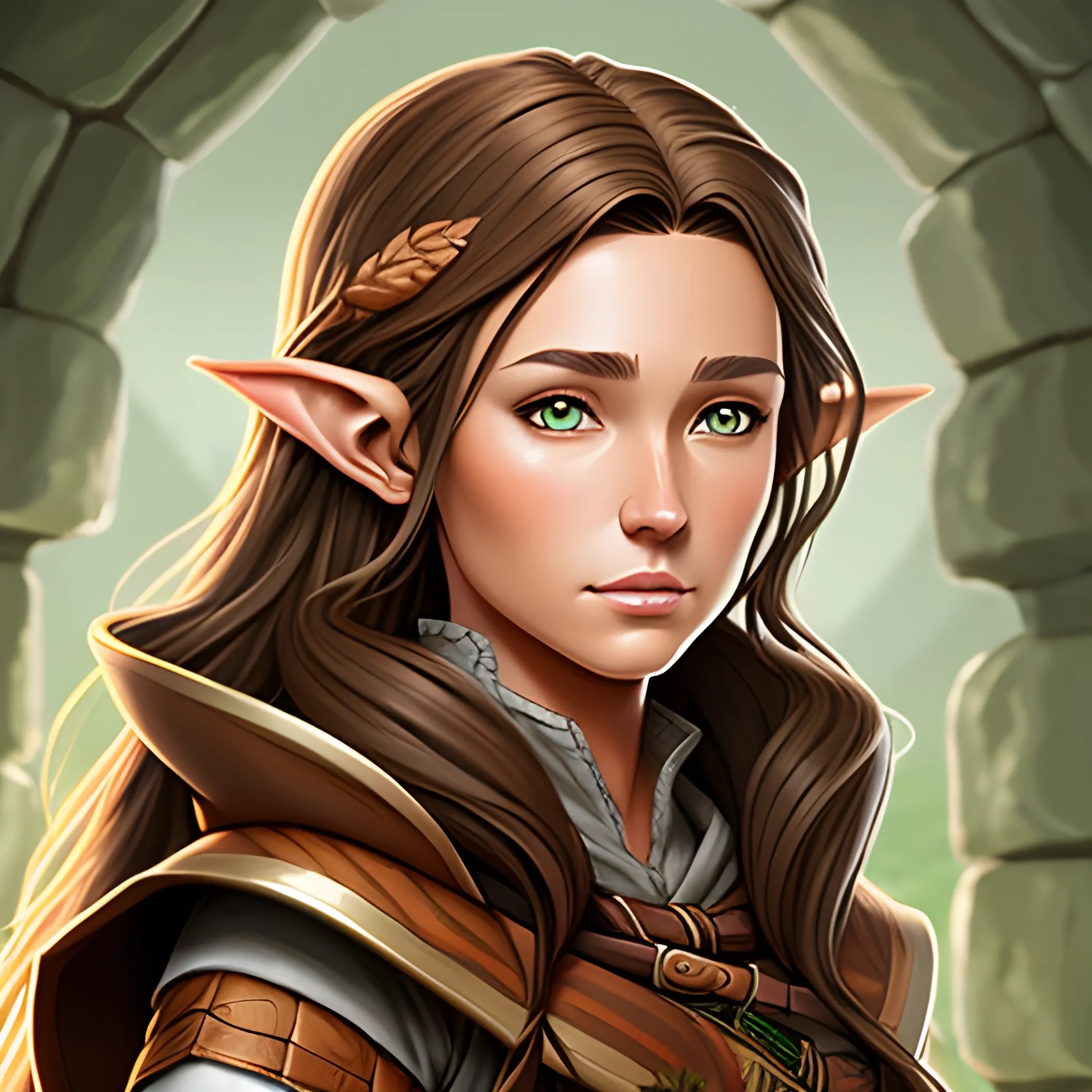 tan skin, brown hair, hazel eyes, female wood elf, wizard, dnd artstyle