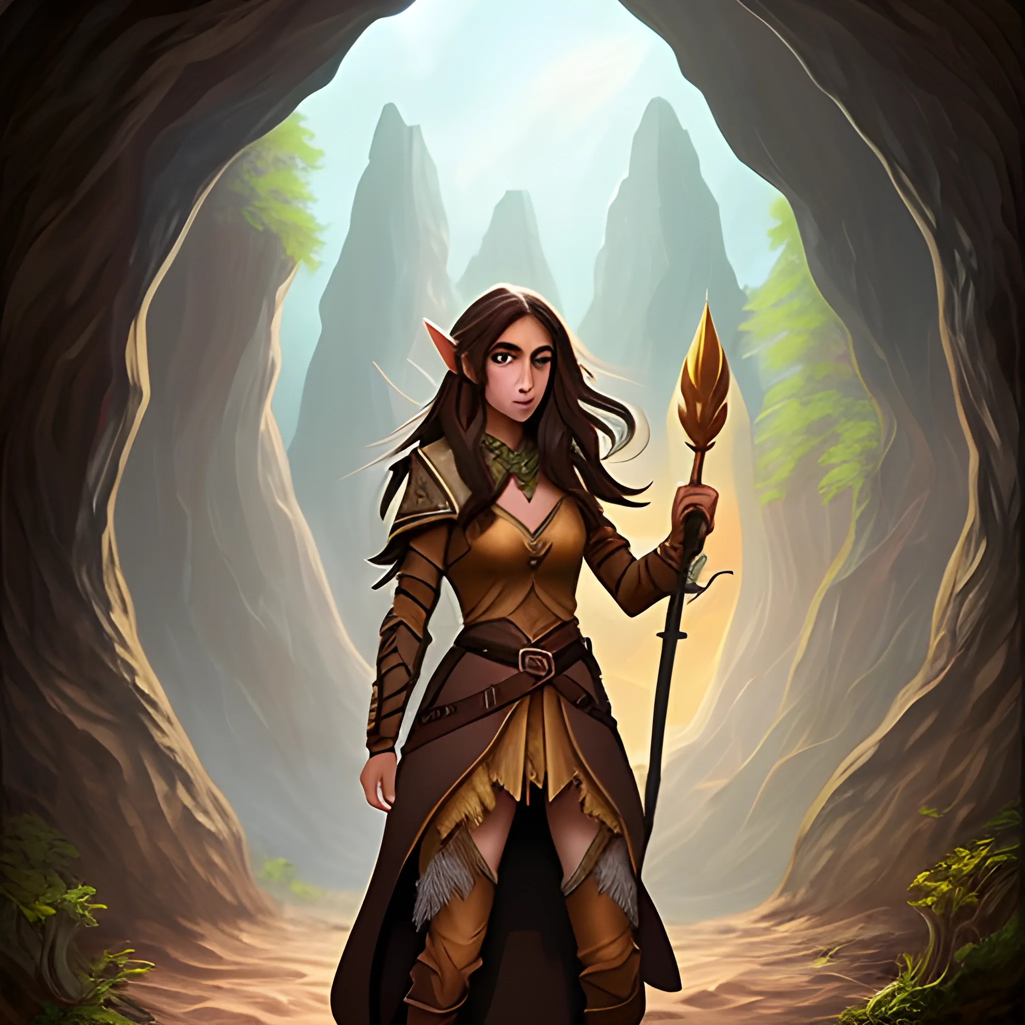 tan skin, dark brown hair, hazel eyes, female wood elf, wizard, dnd artstyle, cave background