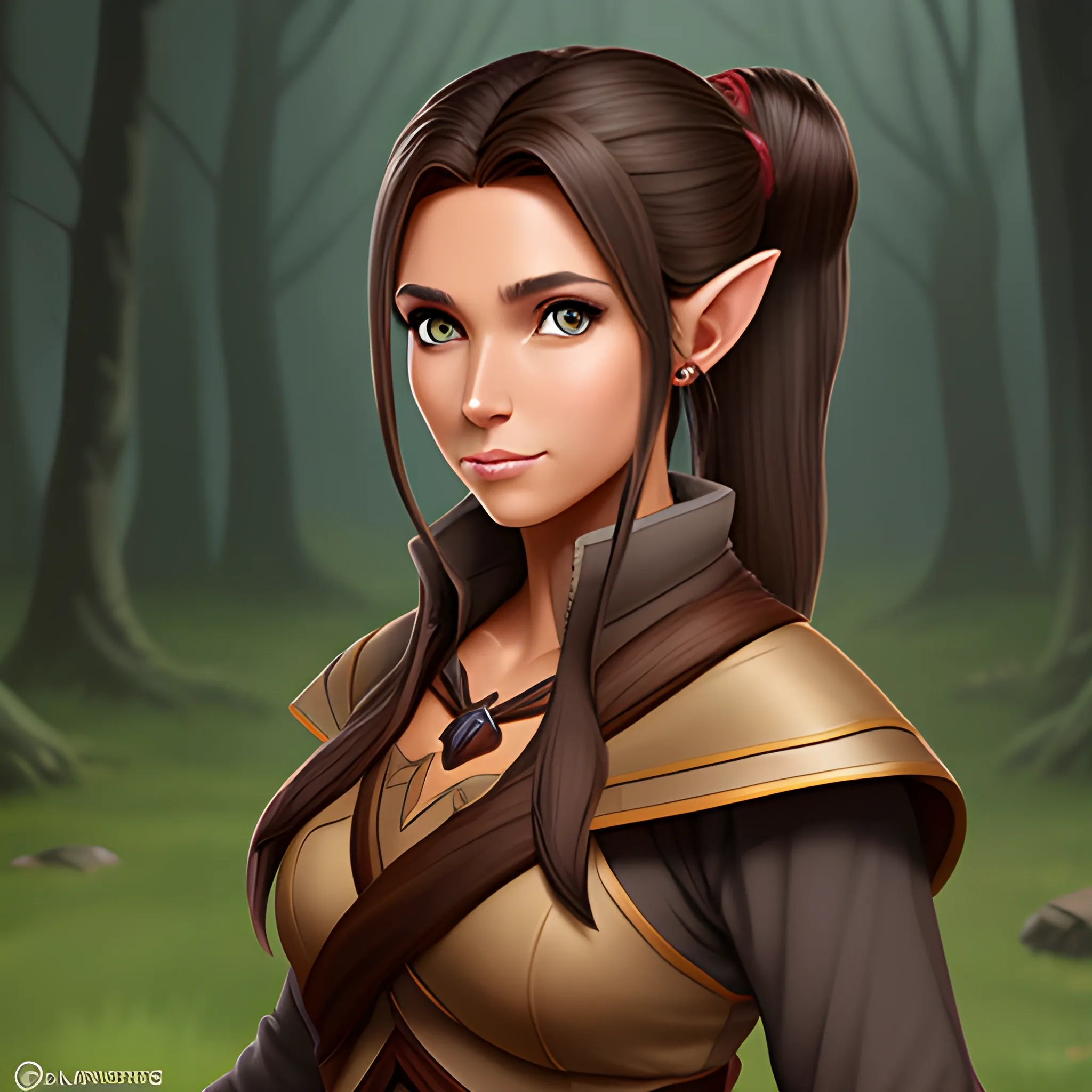tan skin, dark brown hair, dark brown eyes, female wood elf, wizard, dnd artstyle, ponytail hair, plain background