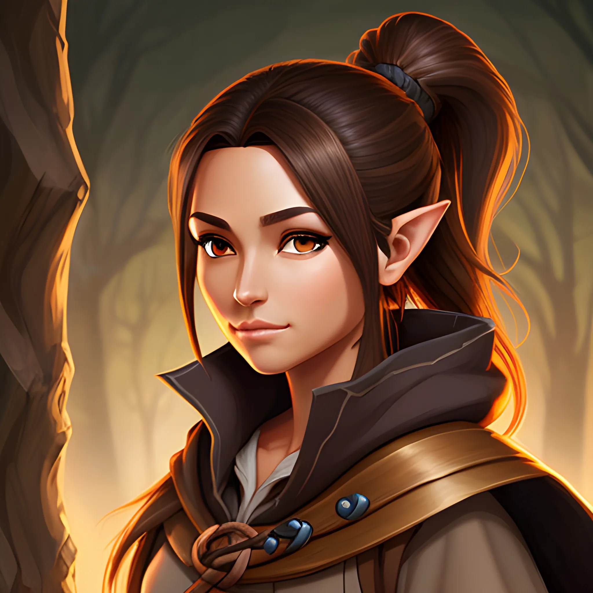 tan skin, dark brown hair, rounder face, dark brown eyes, female wood elf, wizard, dnd artstyle, ponytail hair, plain background