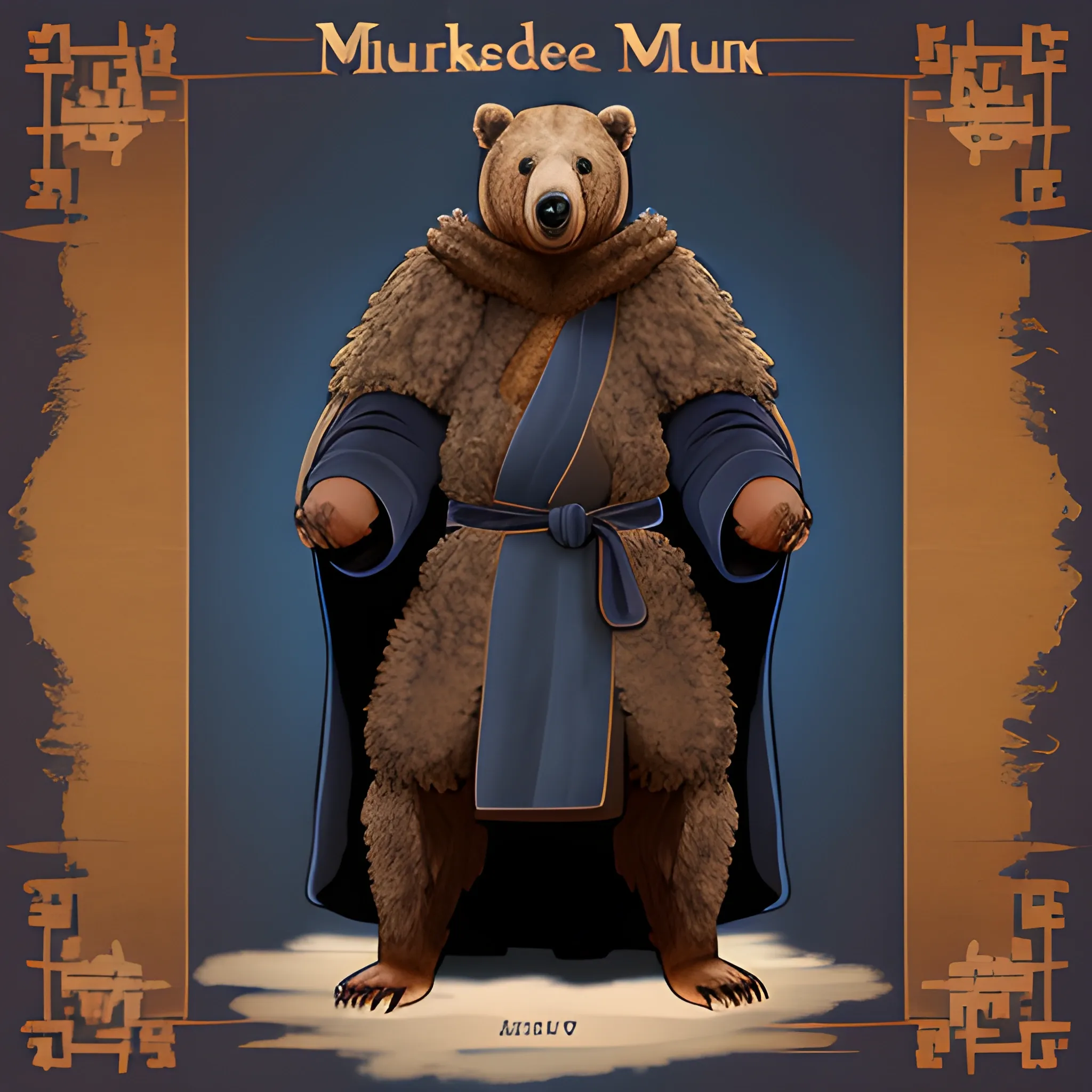 4ft tall, awakened fluffy brown bear wearing a dark blue Monk robe, dnd artstyle