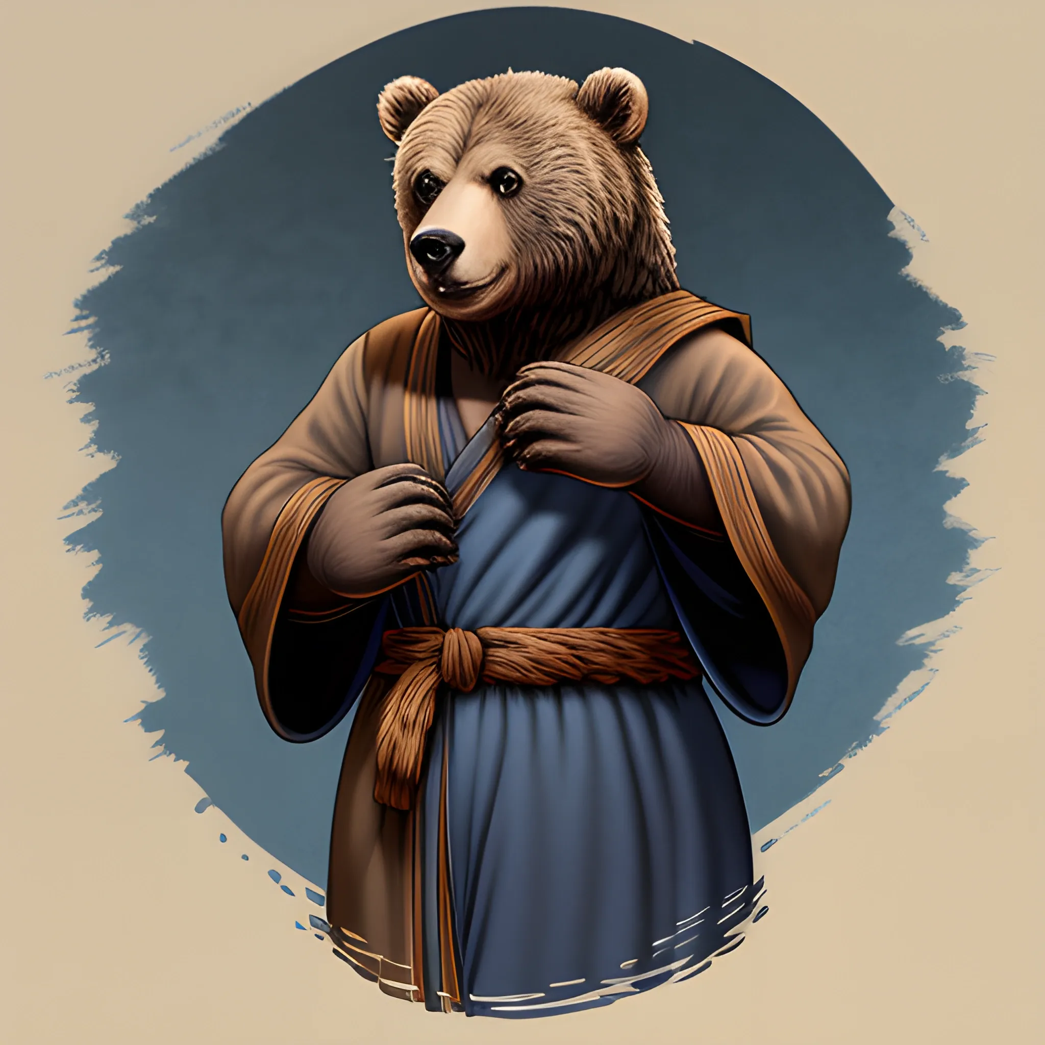 fluffy brown bear wearing dark blue monk robe, dnd artstyle