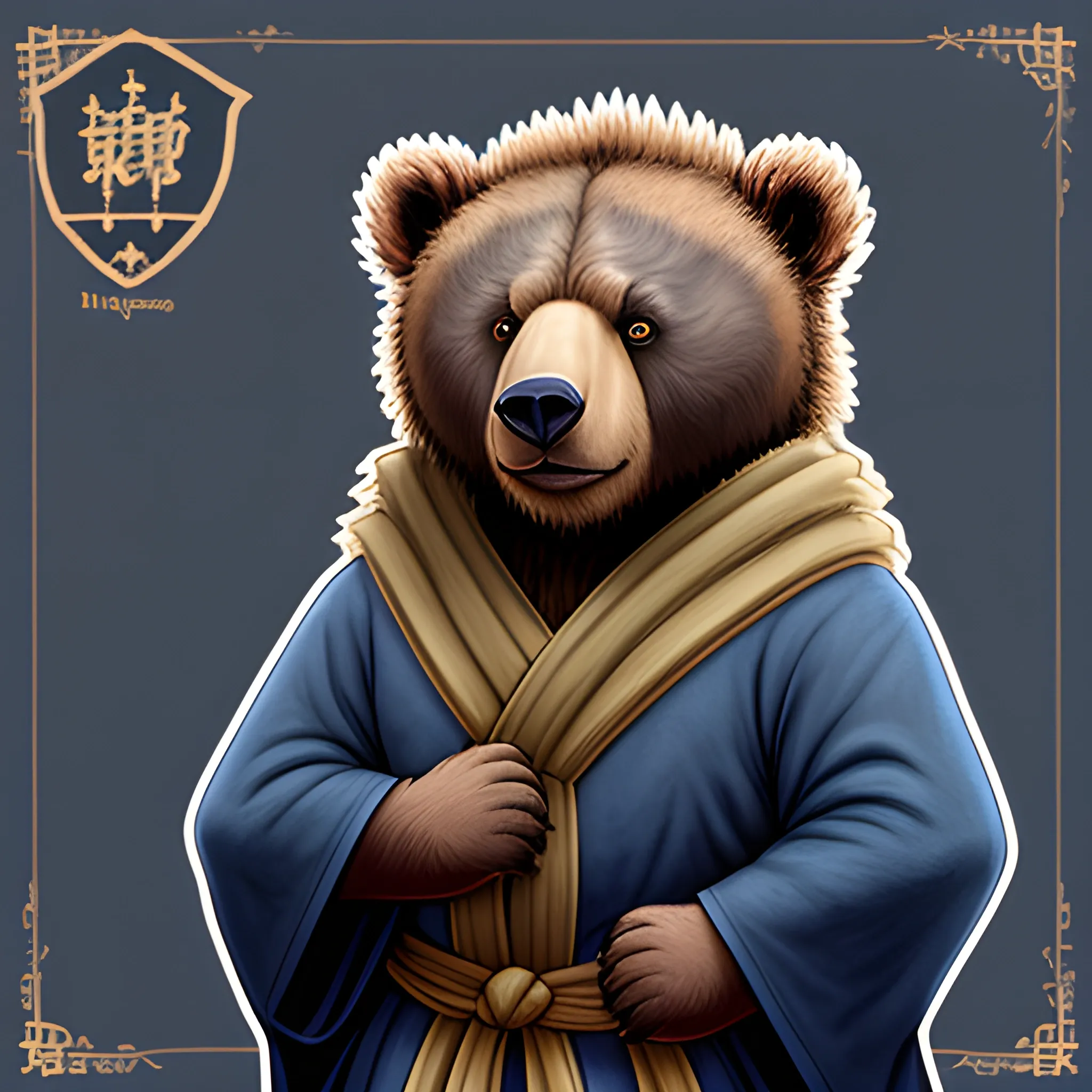 fluffy brown bear wearing dark blue monk robe, dnd artstyle