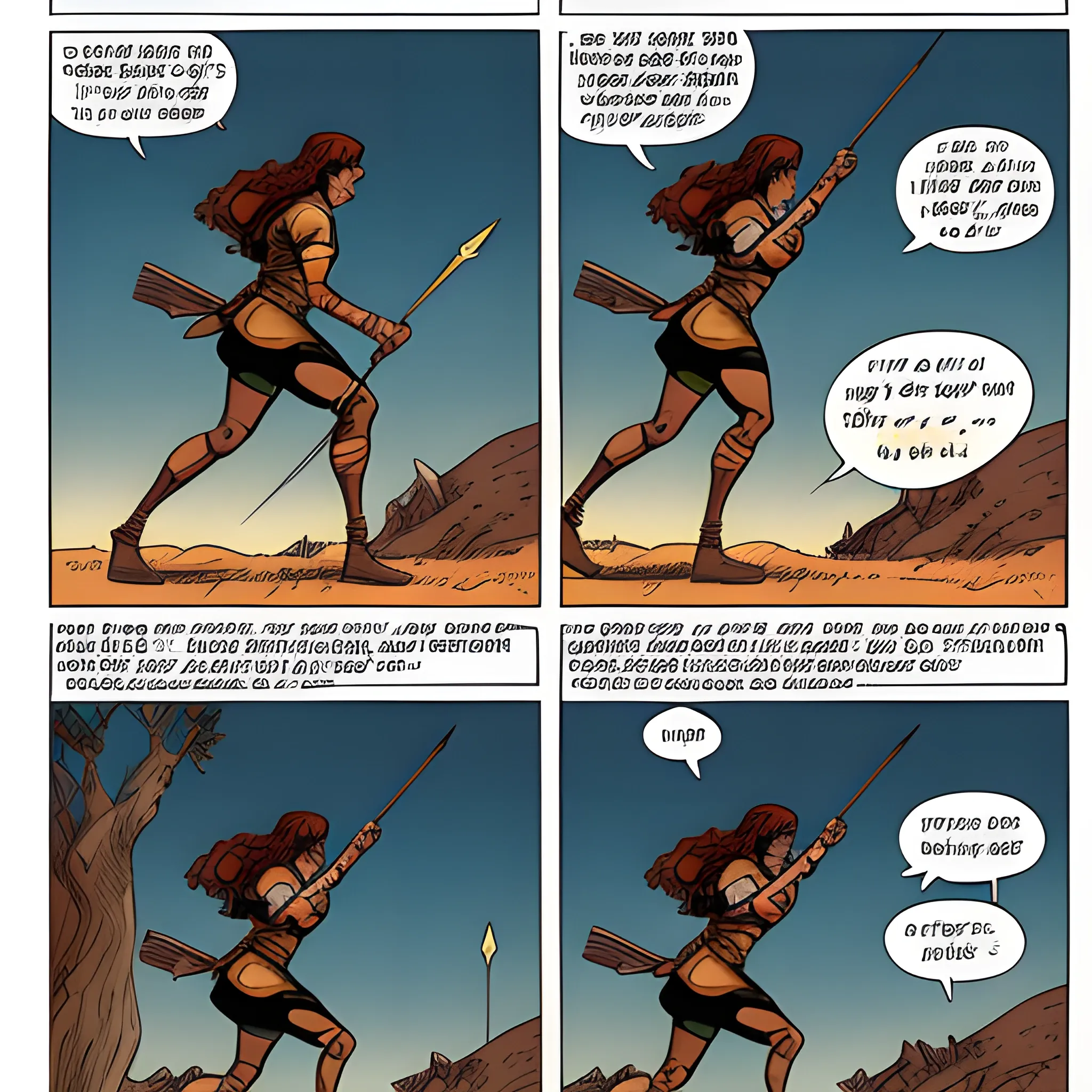 A comic strip sequence of several panels, each depicting the same scene about a 30-year-old athletic Egyptian warrior woman with reddish-brown hair who stands on top of a hill (seen from the rear right) shooting downward arrows, one after another, against an army of egyptian warriors men coming from far away on horseback towards her, and in the last panel of the comic strip sequence it is seen how an arrow hits the chest of one of the enemies. Detailed Kinetic comic, Cartoon