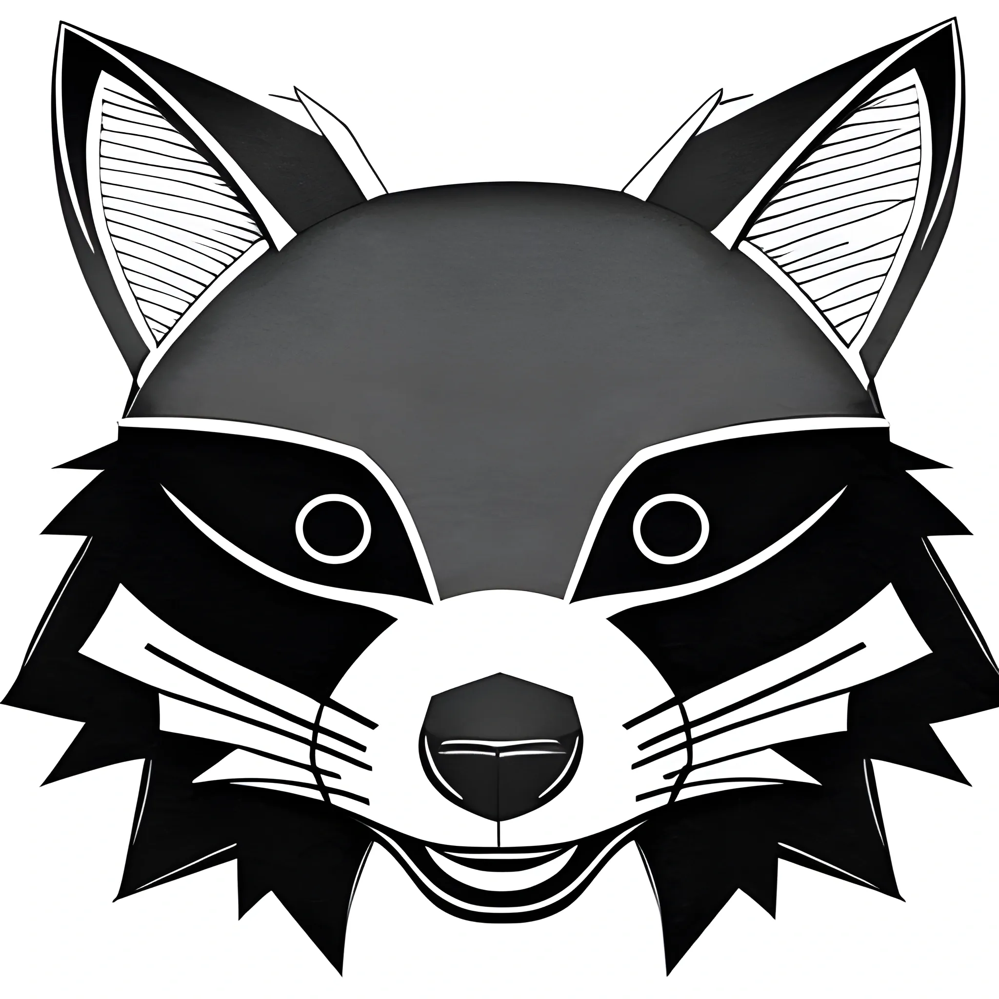 Generate a template for cutting out a raccoon mask. The page should include all parts of the mask separated: ears, eyes, nose, and any additional details. Ensure that each part is clearly visible and located in the center of the page. Use different colors for each section and provide a square border around the entire page. The design should be friendly and appealing to children.
, Cartoon, , Pencil Sketch