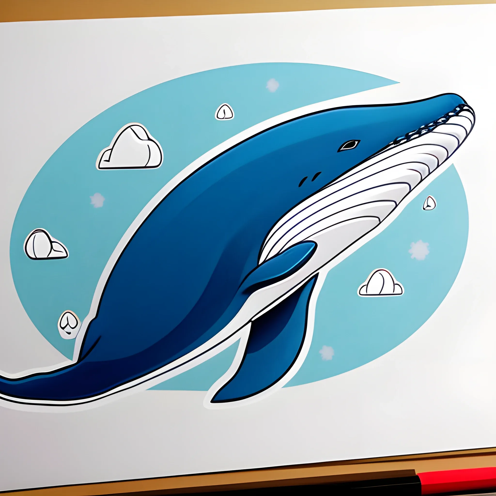 Generate an image of a whale for a children's book. The whale should be a simple and friendly drawing, suitable for children to color and, if they wish, cut out. Ensure that the whale is centered on the page and large enough for children to easily color the details. Use bright and friendly colors. Additionally, include an outer outline around the whale so that children can easily cut it out. The design should be simple yet appealing to young children.
, Cartoon