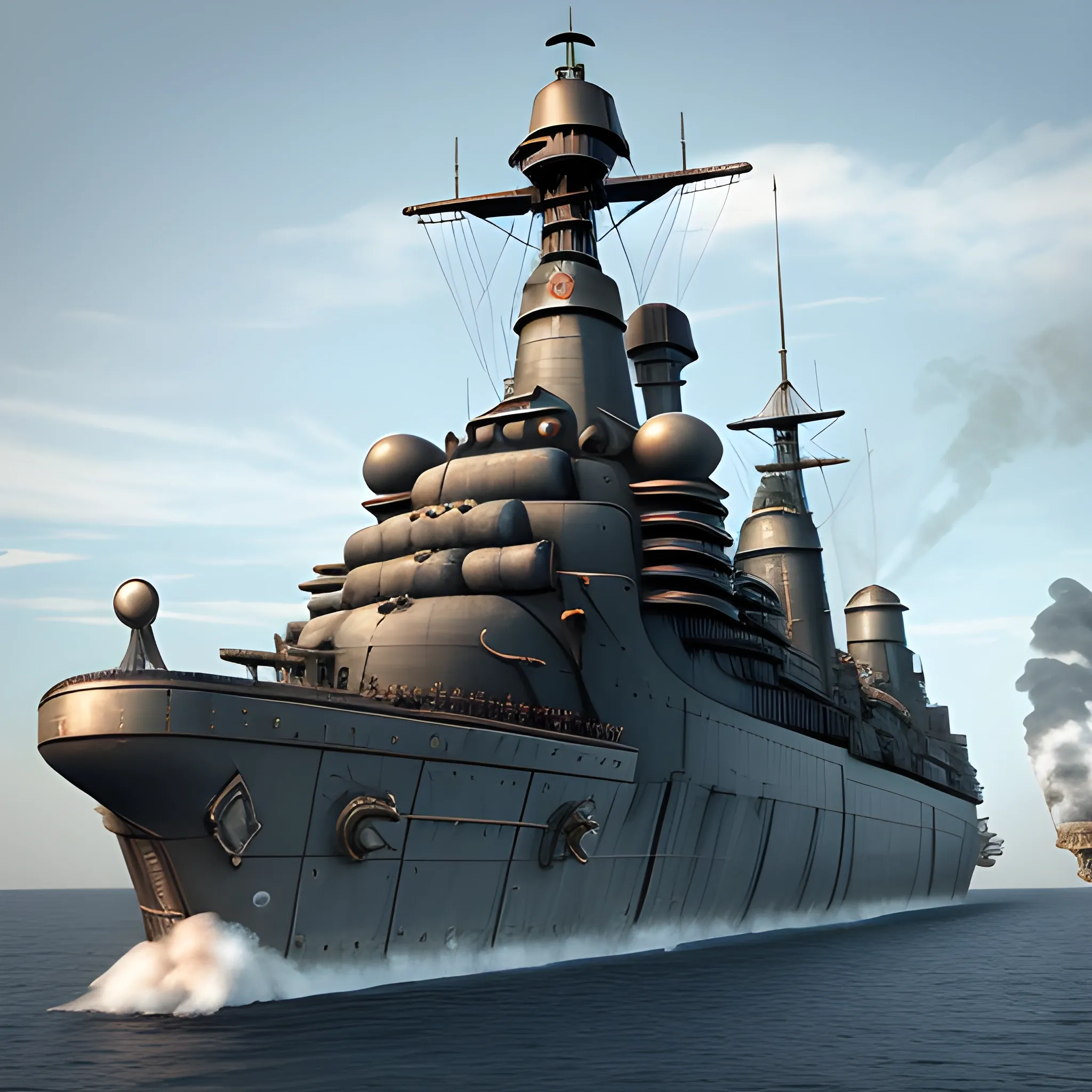 dieselpunk, collosal battleship, in port, gun turrets, multiple guns, brass hull, crewmen, turrets, steam stacks, crew on deck, battleship, battleship turrets, deck view, biplanes guarding ship, people, crew, 3D, HD, 4K, high definition