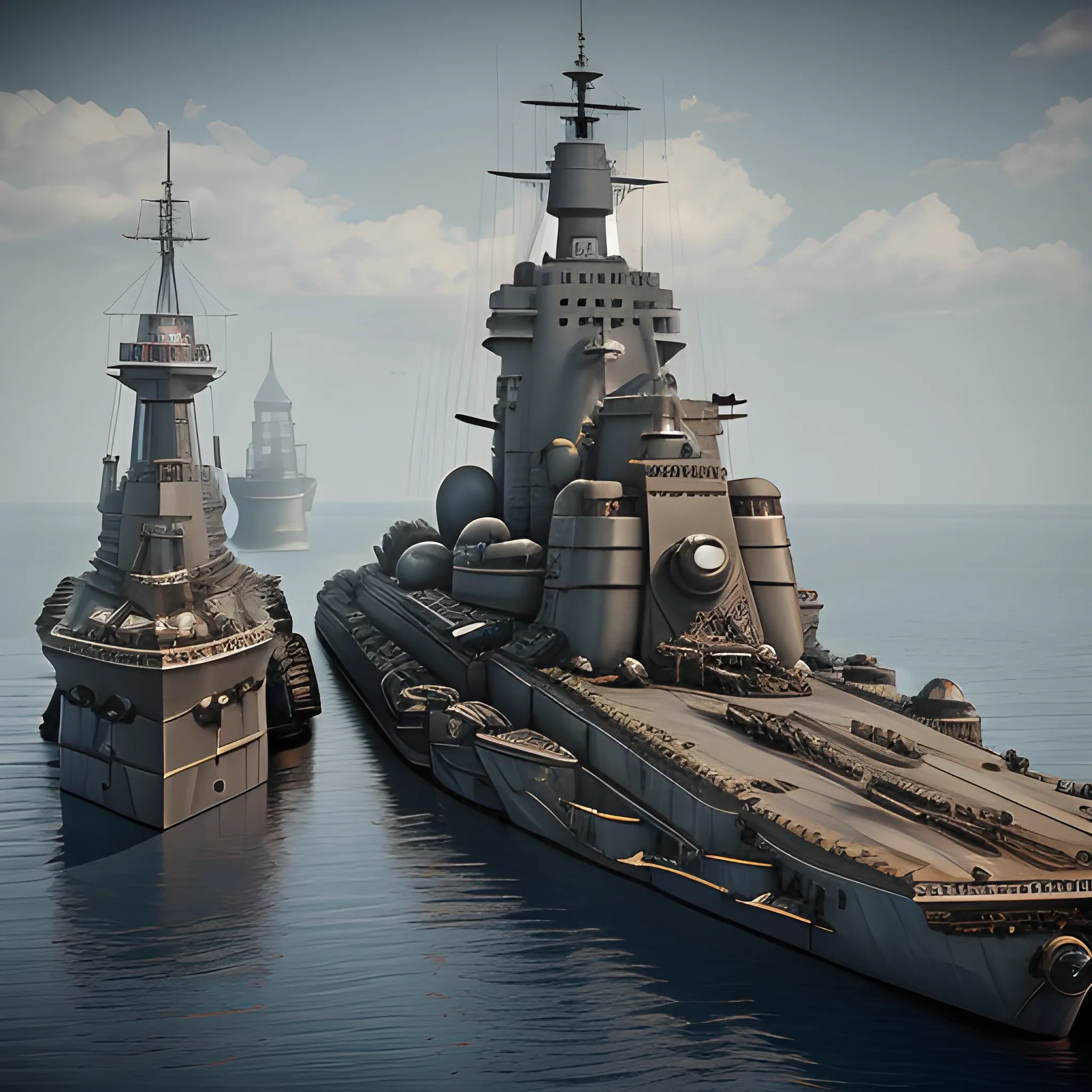 dieselpunk, collosal battleship, in port, gun turrets, multiple guns, brass hull, crewmen, turrets, steam stacks, crew on deck, battleship, battleship turrets, deck view, biplanes guarding ship, people, crew, 3D, HD, 4K, high definition