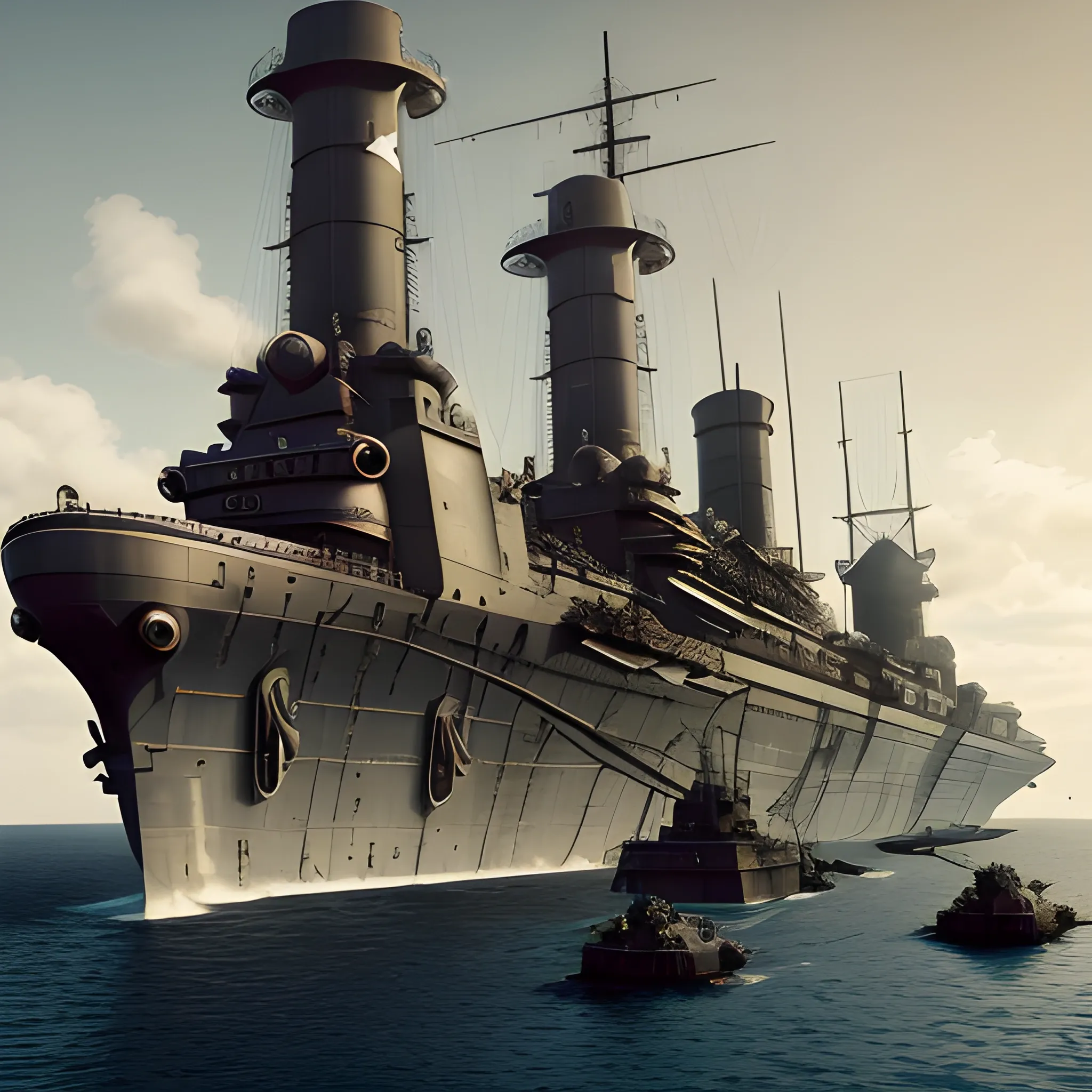 dieselpunk, collosal battleship, in port, gun turrets, multiple guns, brass hull, crewmen, turrets, steam stacks, crew on deck, battleship, battleship turrets, deck view, biplanes guarding ship, people, crew, 3D, HD, 4K, high definition