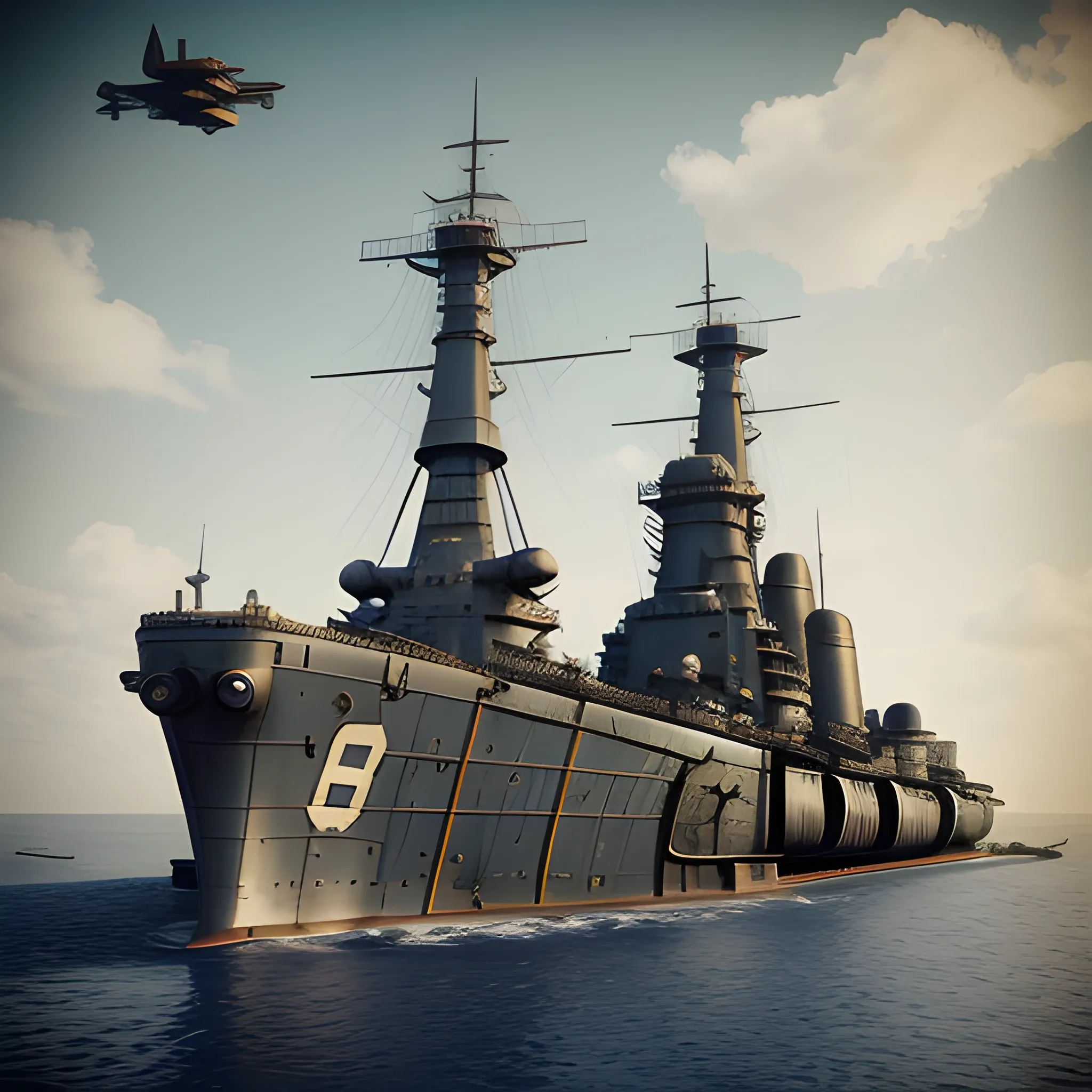 dieselpunk, collosal battleship, in port, gun turrets, multiple guns, brass hull, crewmen, turrets, steam stacks, crew on deck, battleship, battleship turrets, deck view, biplanes guarding ship, people, crew, 3D, HD, 4K, high definition