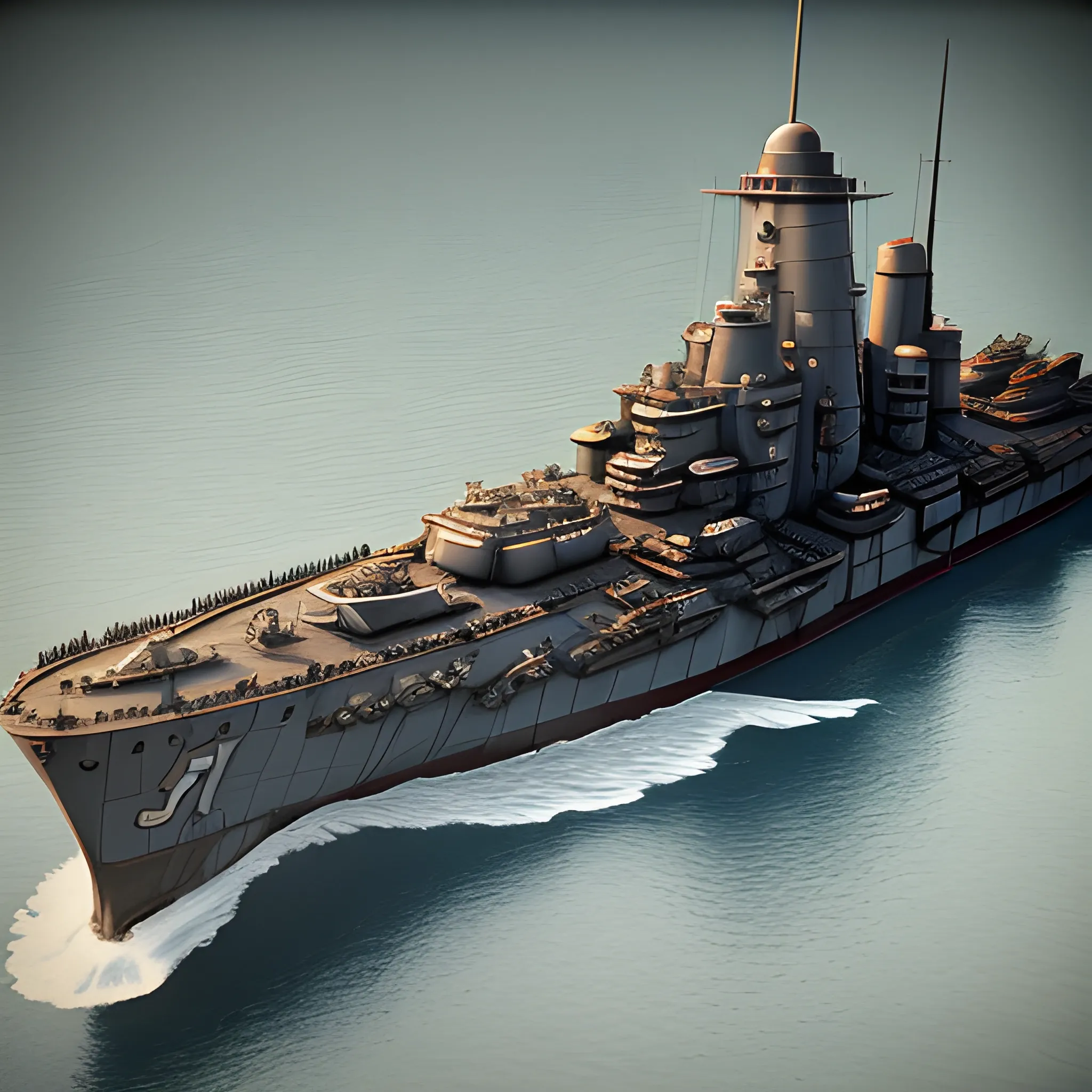 dieselpunk, collosal battleship, in port, gun turrets, multiple guns, brass hull, crewmen, turrets, steam stacks, crew on deck, battleship, battleship turrets, deck view, biplanes guarding ship, people, crew, 3D, HD, 4K, high definition