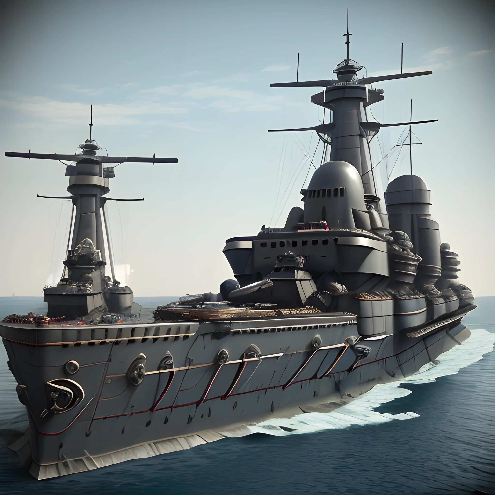 dieselpunk, collosal battleship, in port, gun turrets, multiple guns, brass hull, crewmen, turrets, steam stacks, crew on deck, battleship, battleship turrets, deck view, biplanes guarding ship, people, crew, 3D, HD, 4K, high definition