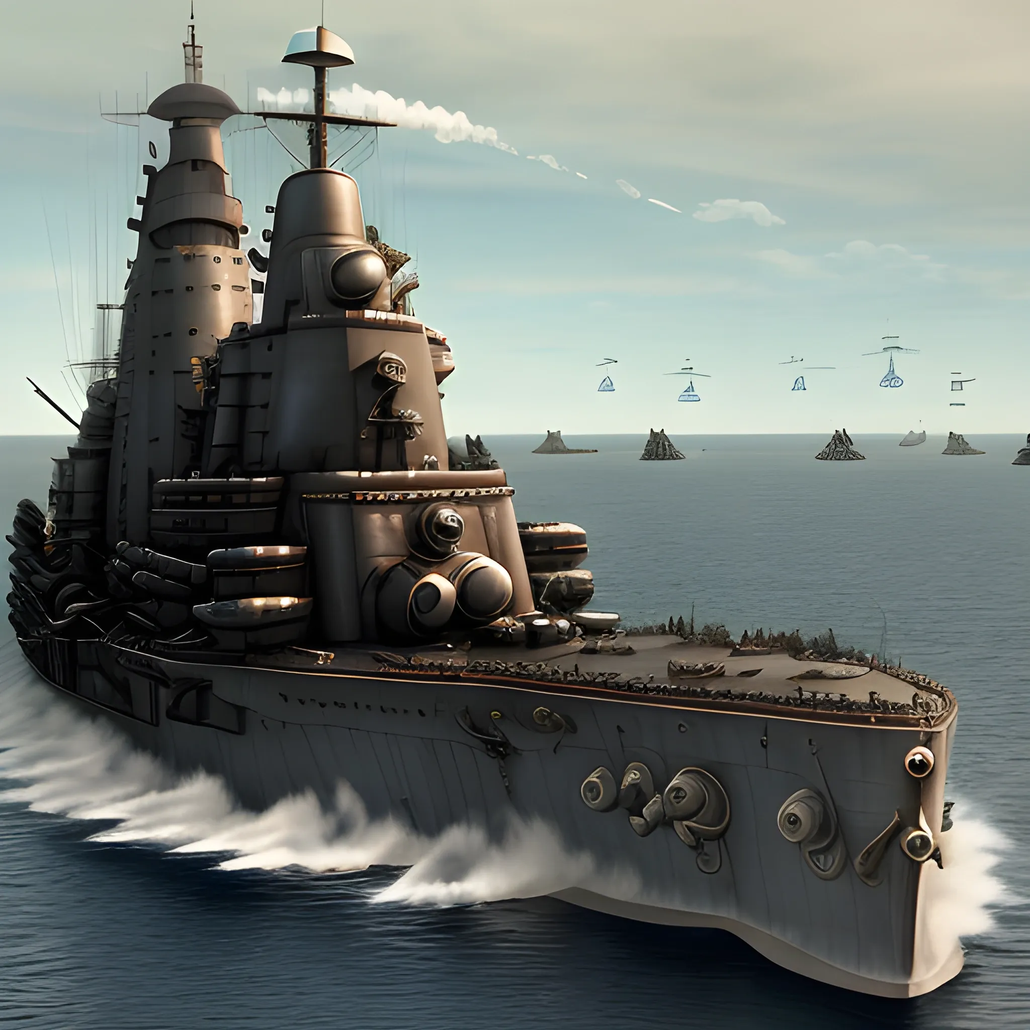 dieselpunk, collosal battleship, in port, gun turrets, multiple guns, brass hull, crewmen, turrets, steam stacks, crew on deck, battleship, battleship turrets, deck view, biplanes guarding ship, people, crew, 3D, HD, 4K, high definition