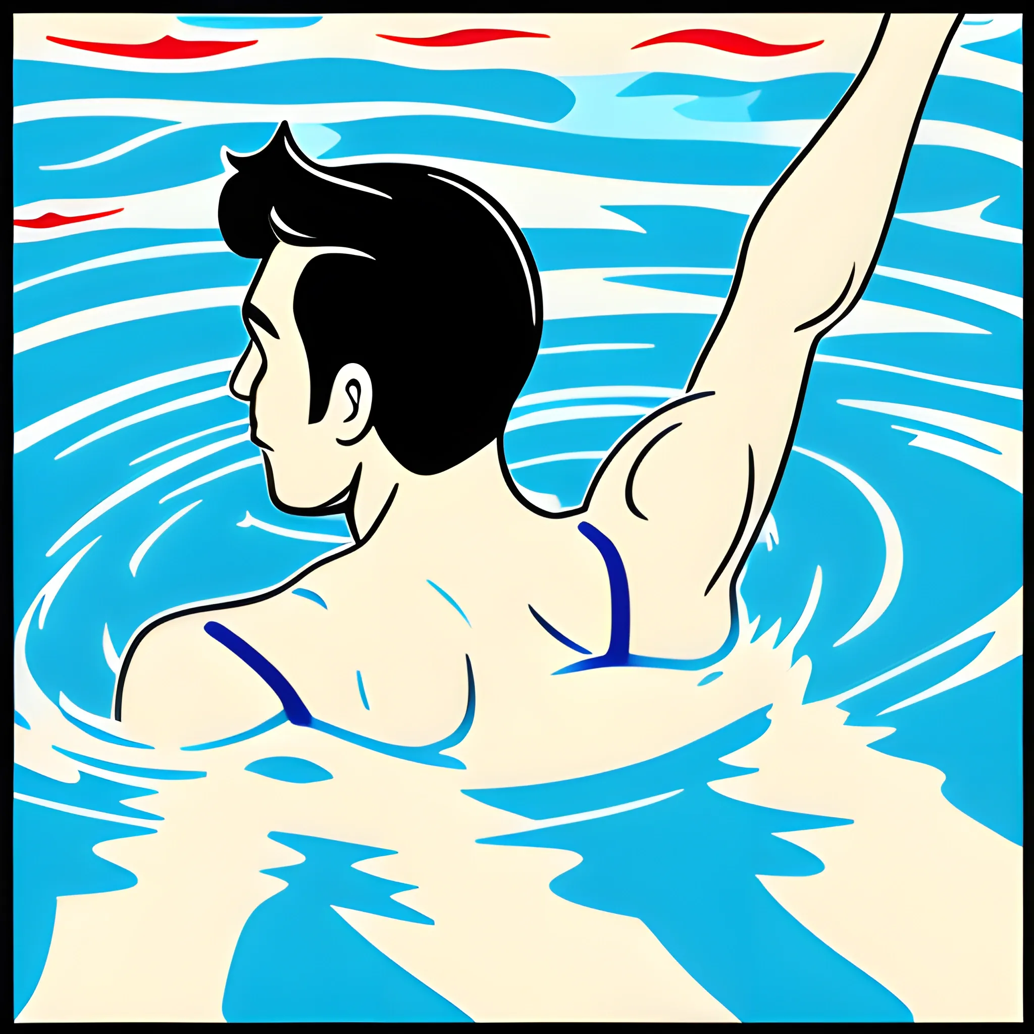 an unkown iconographic character from behind swimming in a blue river, cartoon