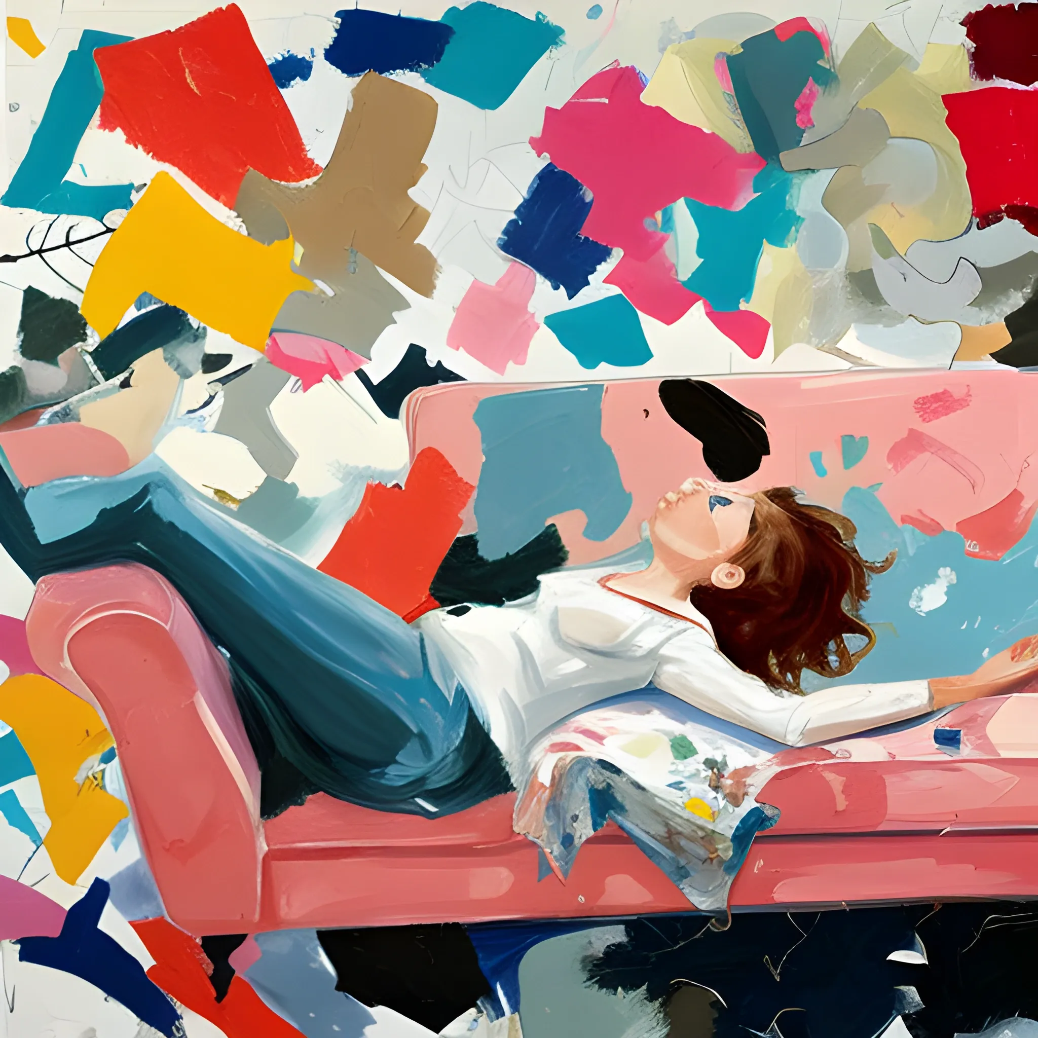 woman laying in a sofa, painting by Cecily Brown, acrylic colors, chaotic background