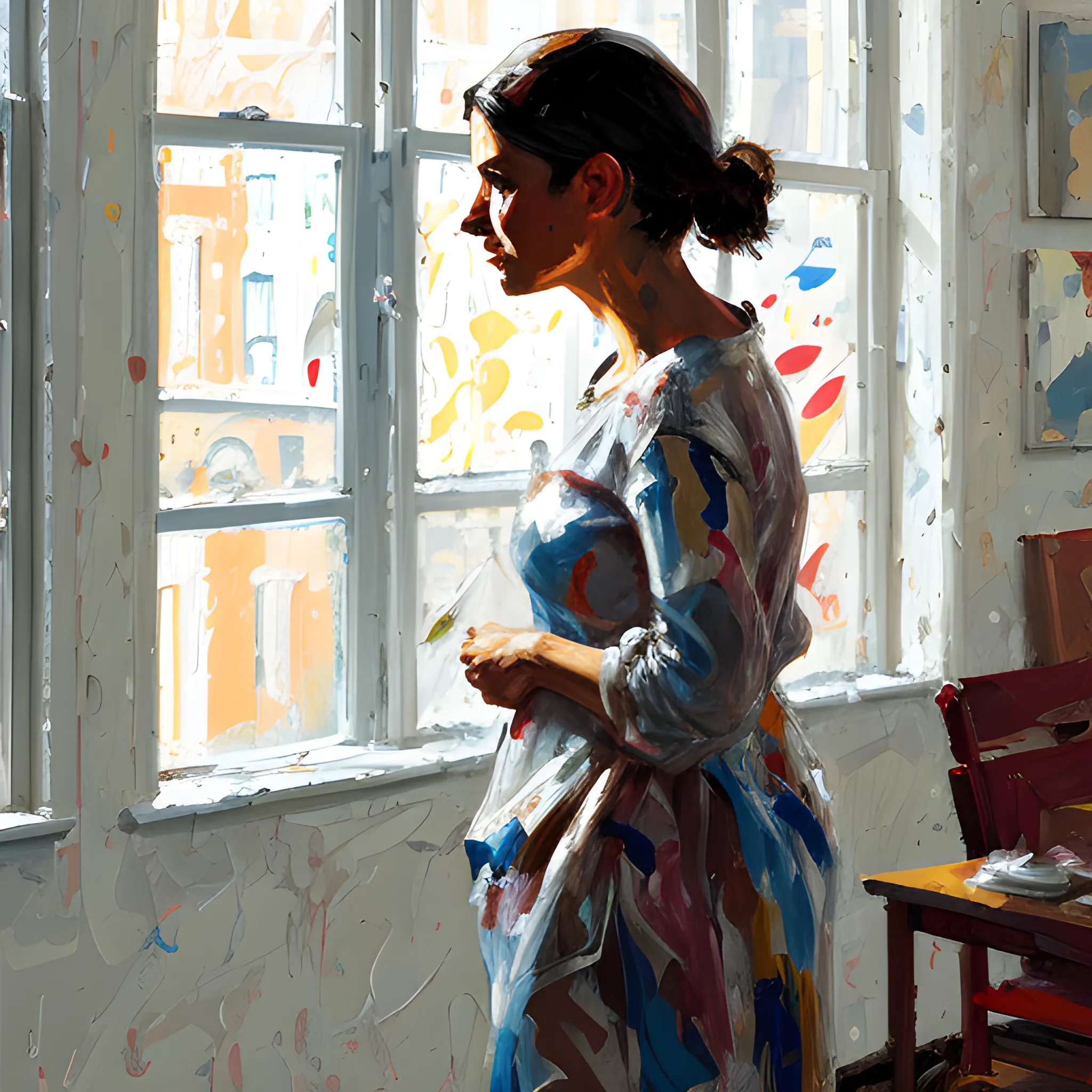 woman standing in front of an open window, painting by Cecily Brown, Oil Painting, Abstract Expressionism 