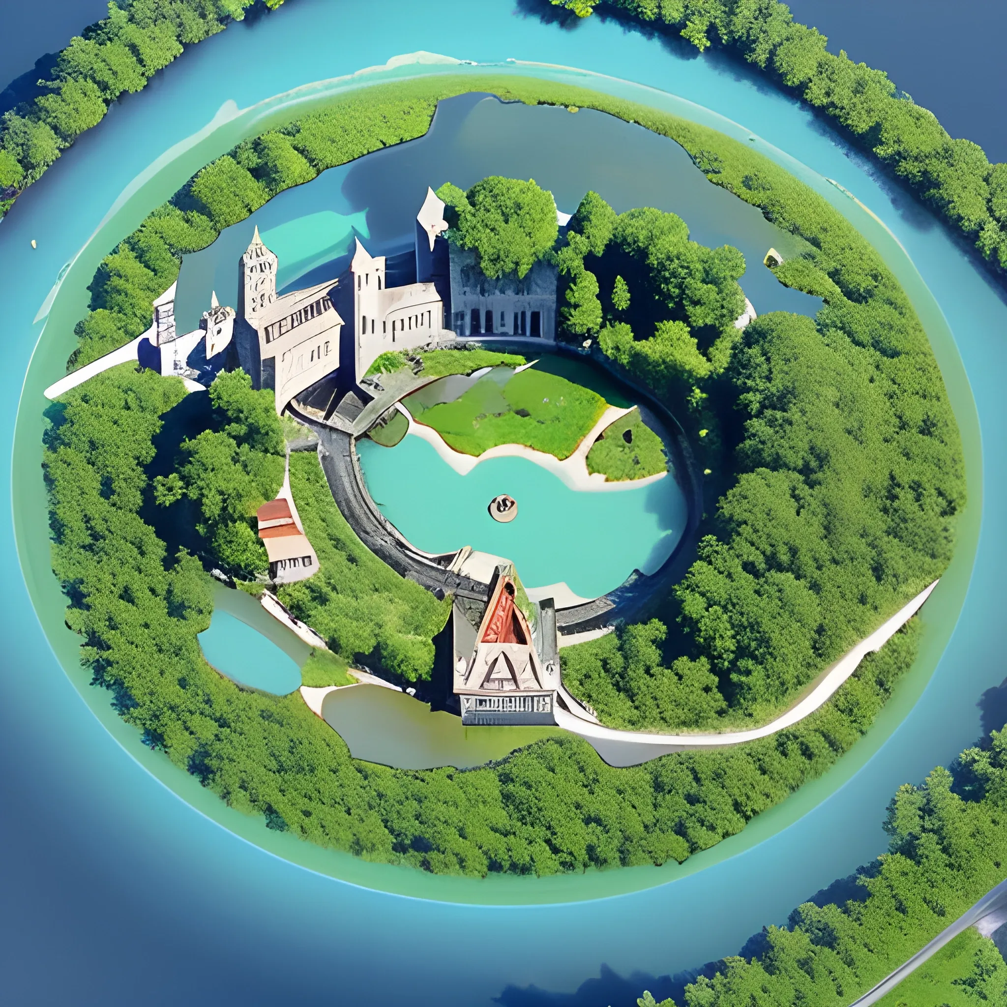 Bird's eye view of an island in the centre of a lake. The island has a European fantasy city on it, and is connected to the shore by a large bridge.