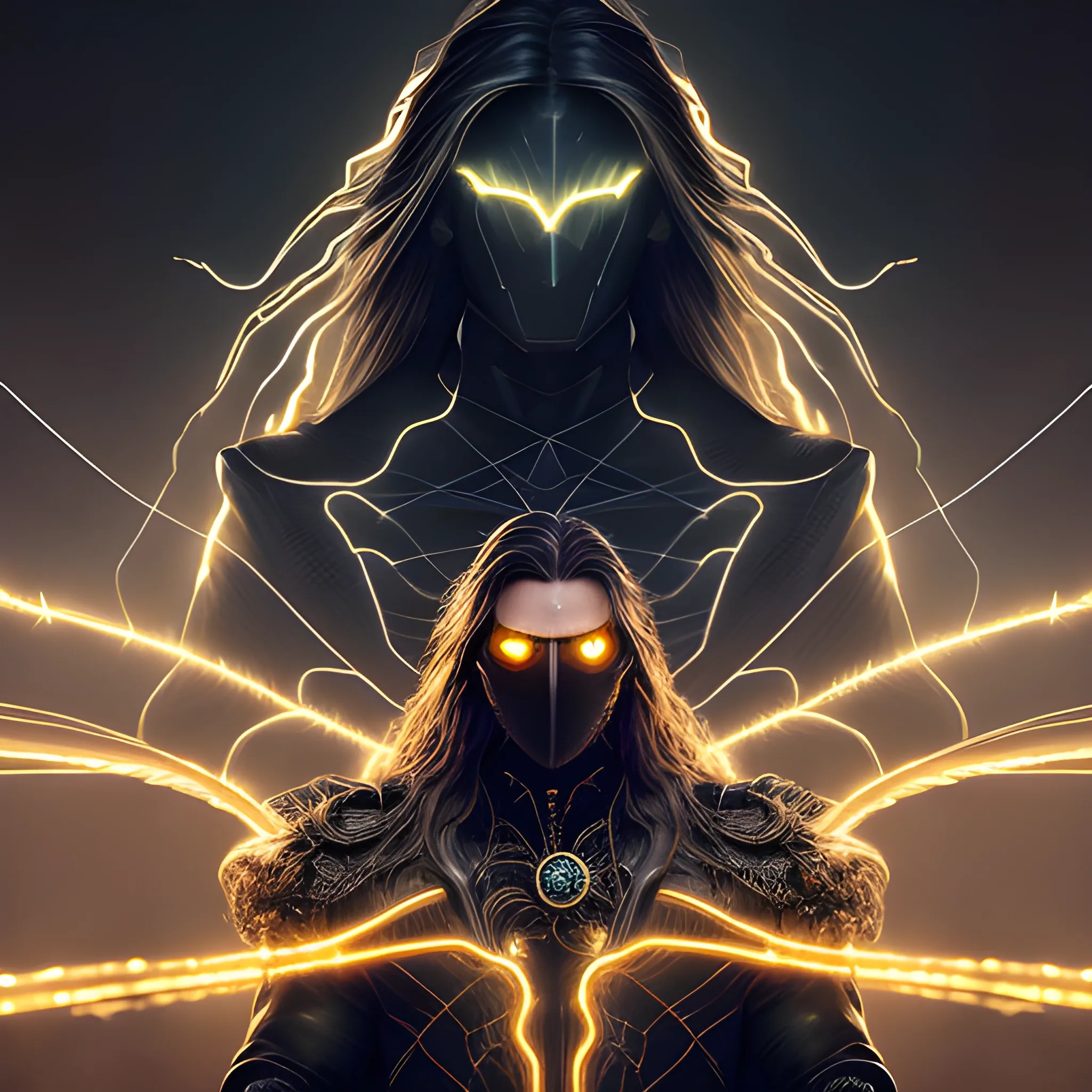 a portrait of a man, glowing eyes, long hair, background lightnings, smog, fantasy, black suit and glowing lights on it, the gold is dominant, elegant, hyperrialistic, ultra detailed, filigree, cable electric wires, feathers, 3/4 view