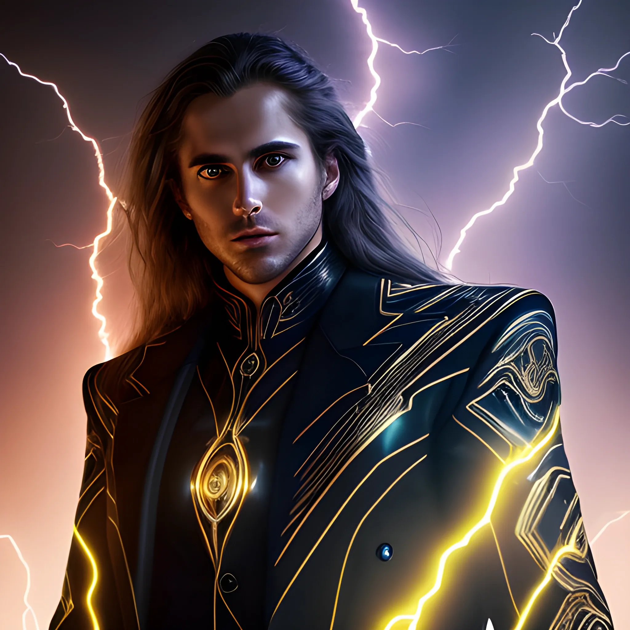 a portrait of a man, glowing eyes, long hair, background lightnings, smog, fantasy, black suit and glowing lights on it, the gold is dominant, elegant, hyperrialistic, ultra detailed