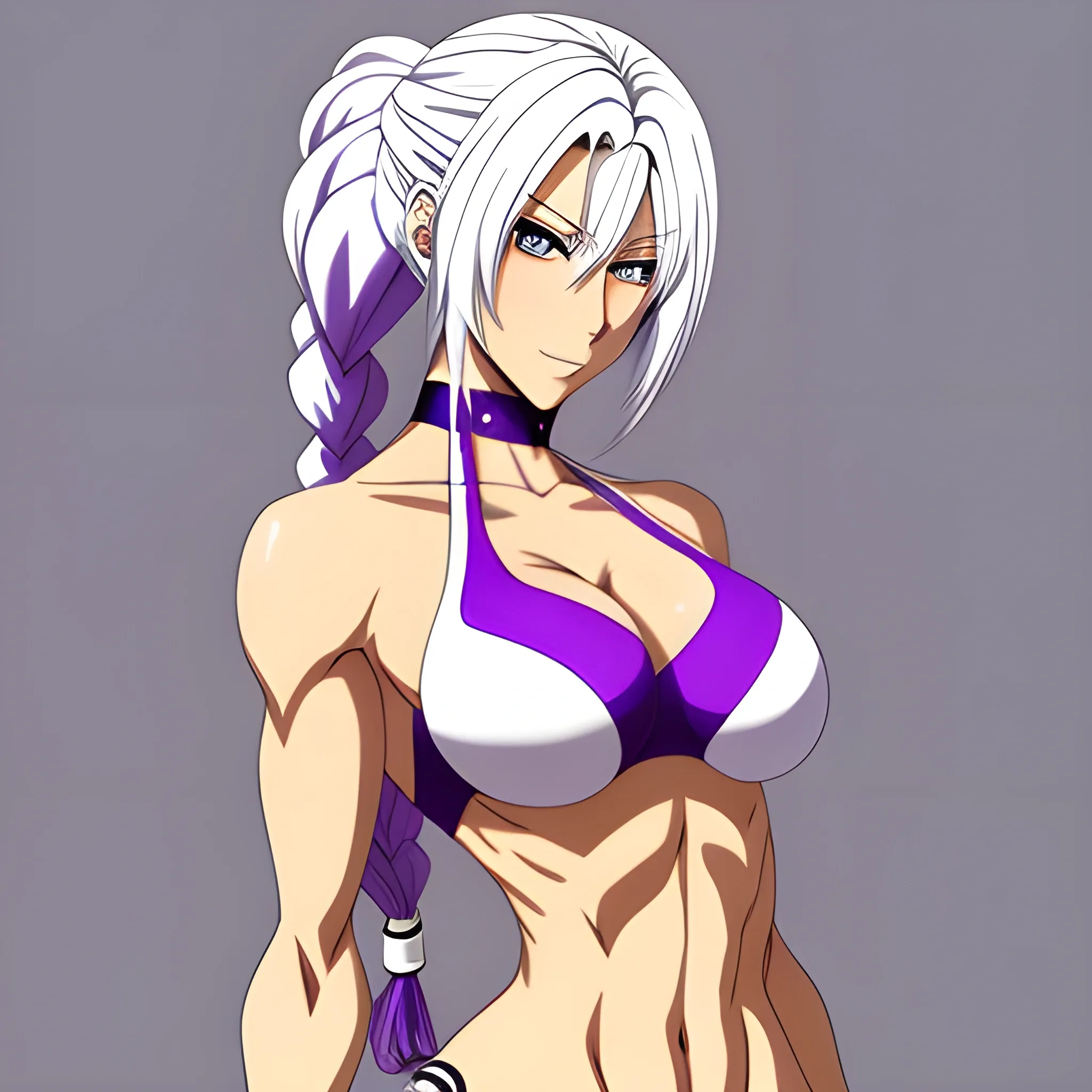 anime girl, full body, white hair, purple eyes, athletic, bikini, long hair, french braid, beautiful