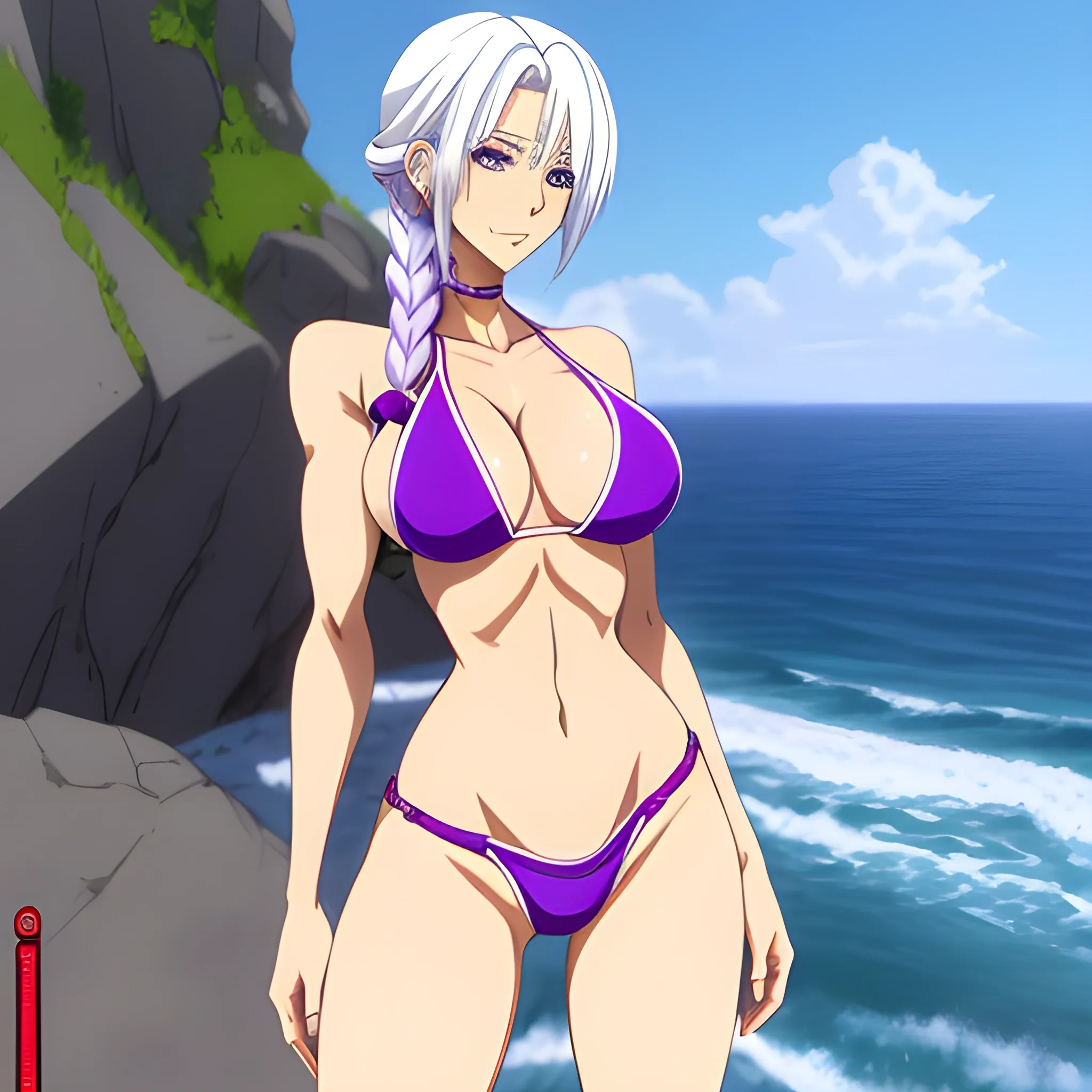 anime girl, full body, white hair, purple eyes, athletic, bikini, long hair, french braid, beautiful, teen