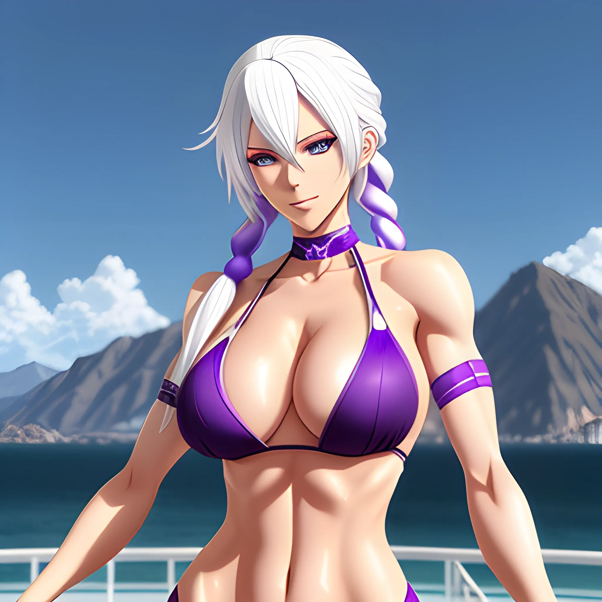 anime girl, full body, white hair, purple eyes, athletic, bikini, long hair, french braid, beautiful, teen, ultra realistic