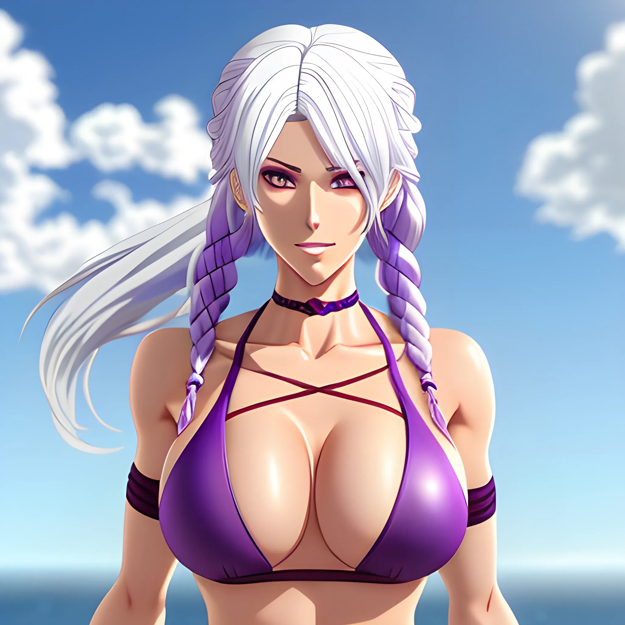 anime girl, full body, white hair, purple eyes, athletic, bikini, long hair, french braid, beautiful, teen, ultra realistic,