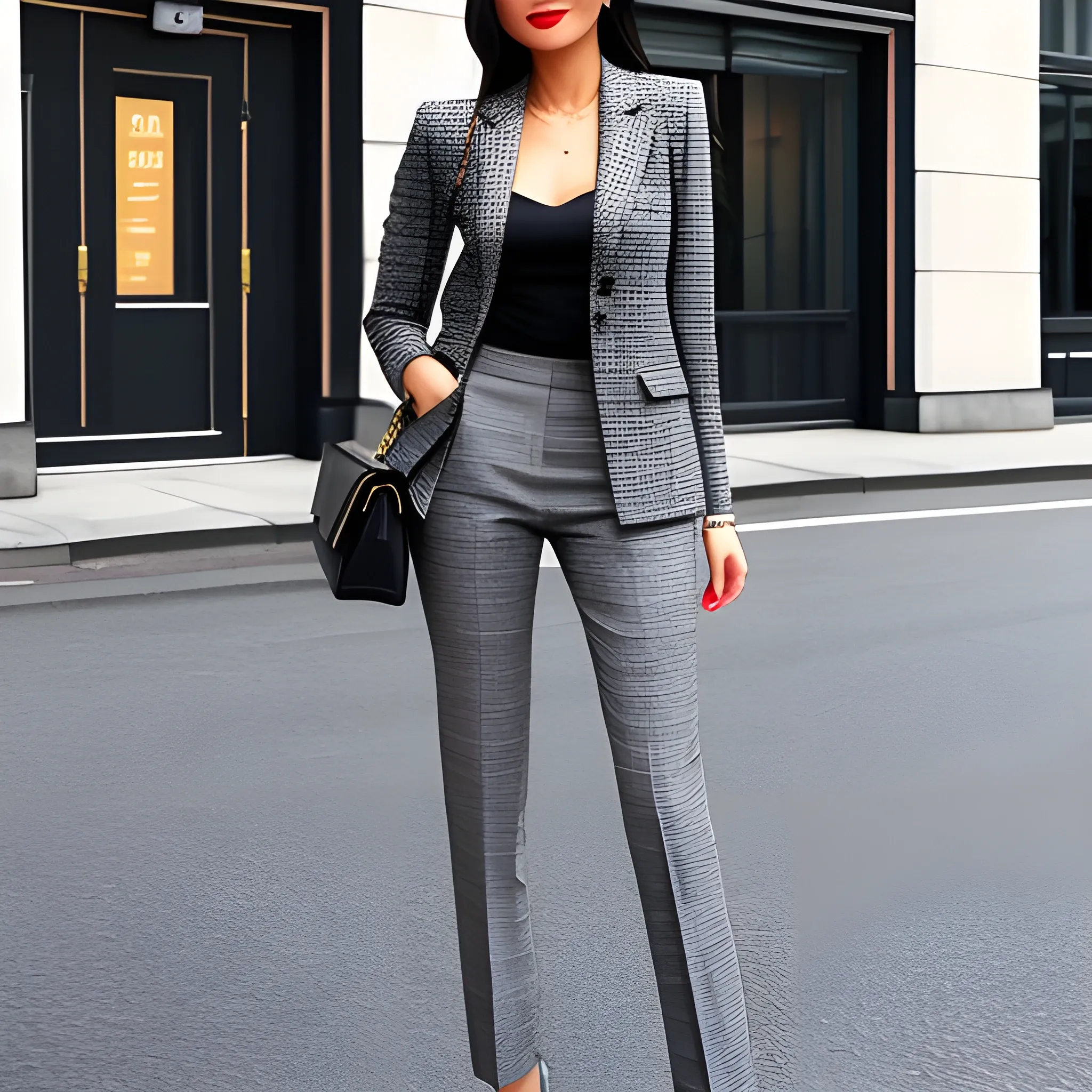 Eurasian girl wearing gray tweed blazer suit, street style - Arthub.ai