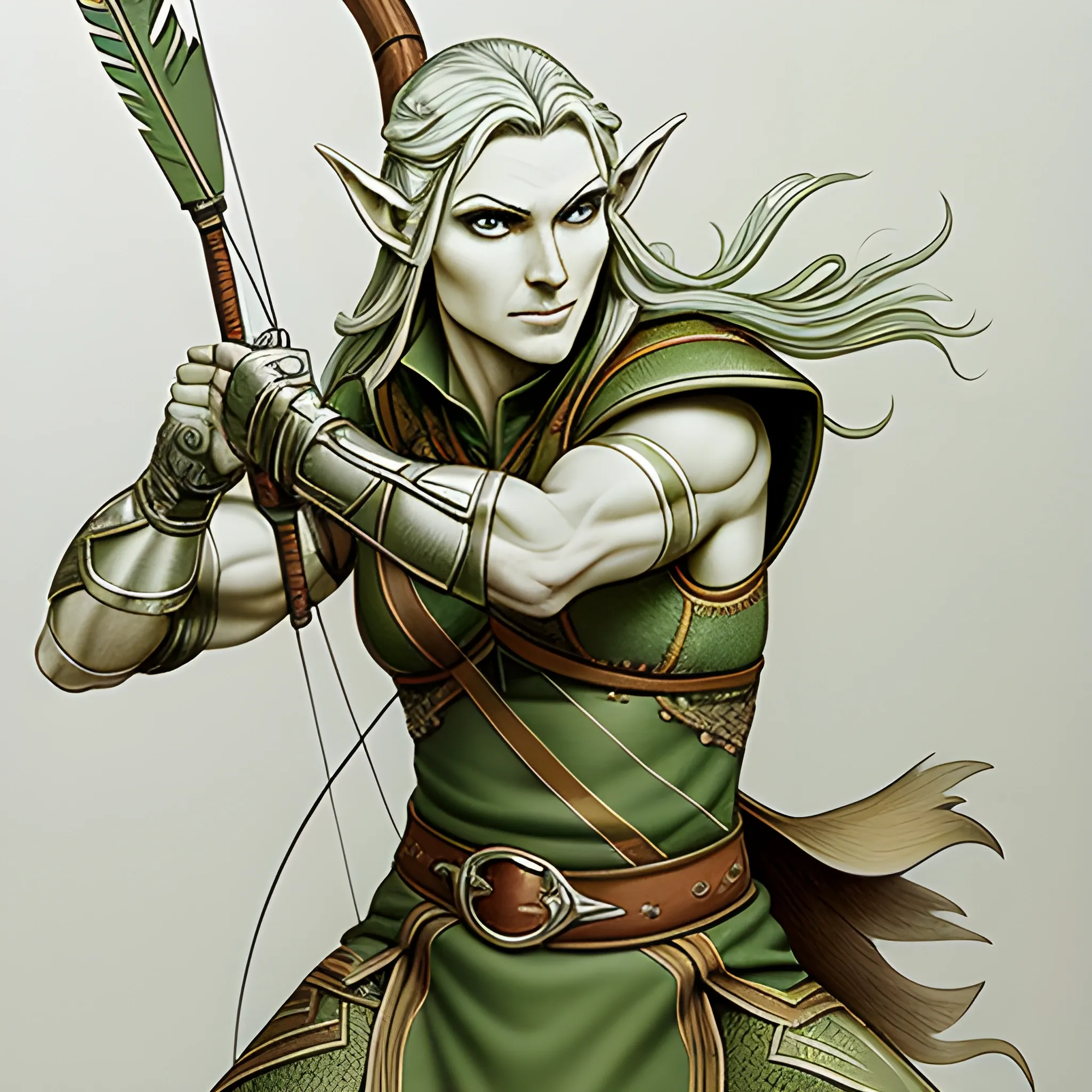 As a text-based model, I am unable to create images directly. However, I can provide you with a description of an elf archer in a format that could be understood for AI image generation:

Please create an image of an elf archer.

- Characteristics:
  - Elongated and pointed ears
  - Pale, smooth skin
  - Sharp, piercing green or deep blue eyes
  - Flowing silver or golden hair

- Clothing:
  - Form-fitting leather or cloth top and pants for ease of movement and aiming
  - Leather or cloth bracers and knee guards for protection
  - Soft-soled shoes for silent movement in natural environments like forests

- Equipment:
  - A finely crafted longbow made of high-quality wood or magical materials
  - A quiver filled with arrows featuring feather fletchings and metal tips
  - A belt carrying various small tools and spare arrows

- Pose and demeanor:
  - Standing in a poised and alert stance, ready to draw the bow
  - Displaying calm precision and focus, indicative of their skill in archery
  - Movement should appear fluid and graceful, almost like a dance

Please depict the elf archer in a combat-ready position, emphasizing their agility, accuracy, and elegant fighting style., Pencil Sketch, Pencil Sketch