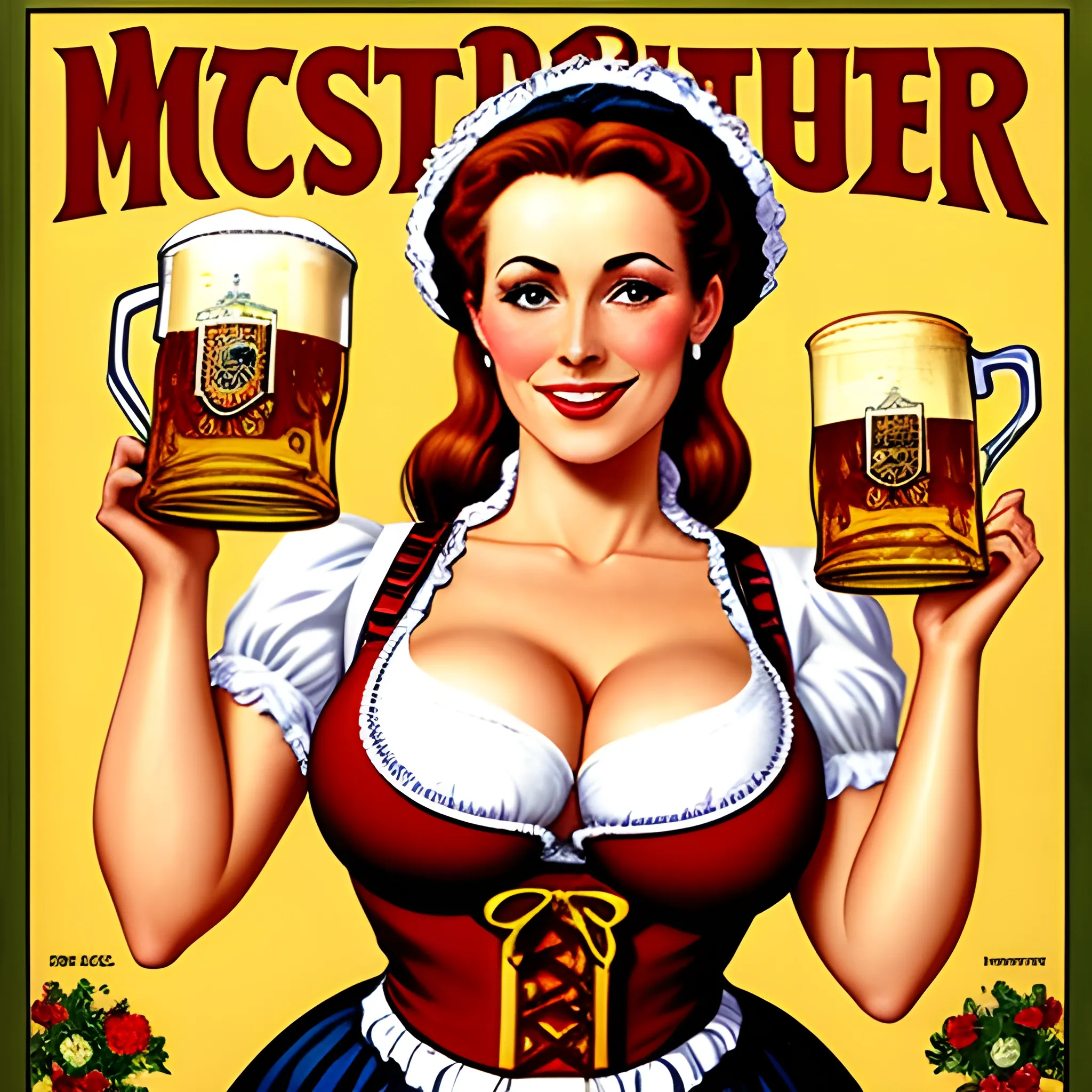 Woman pub waitress with big breasts in German traditional costume with Oktoberfest beer mugs, Oktoberfest girl in Bavarian dirndl, vintage poster by George Wilson