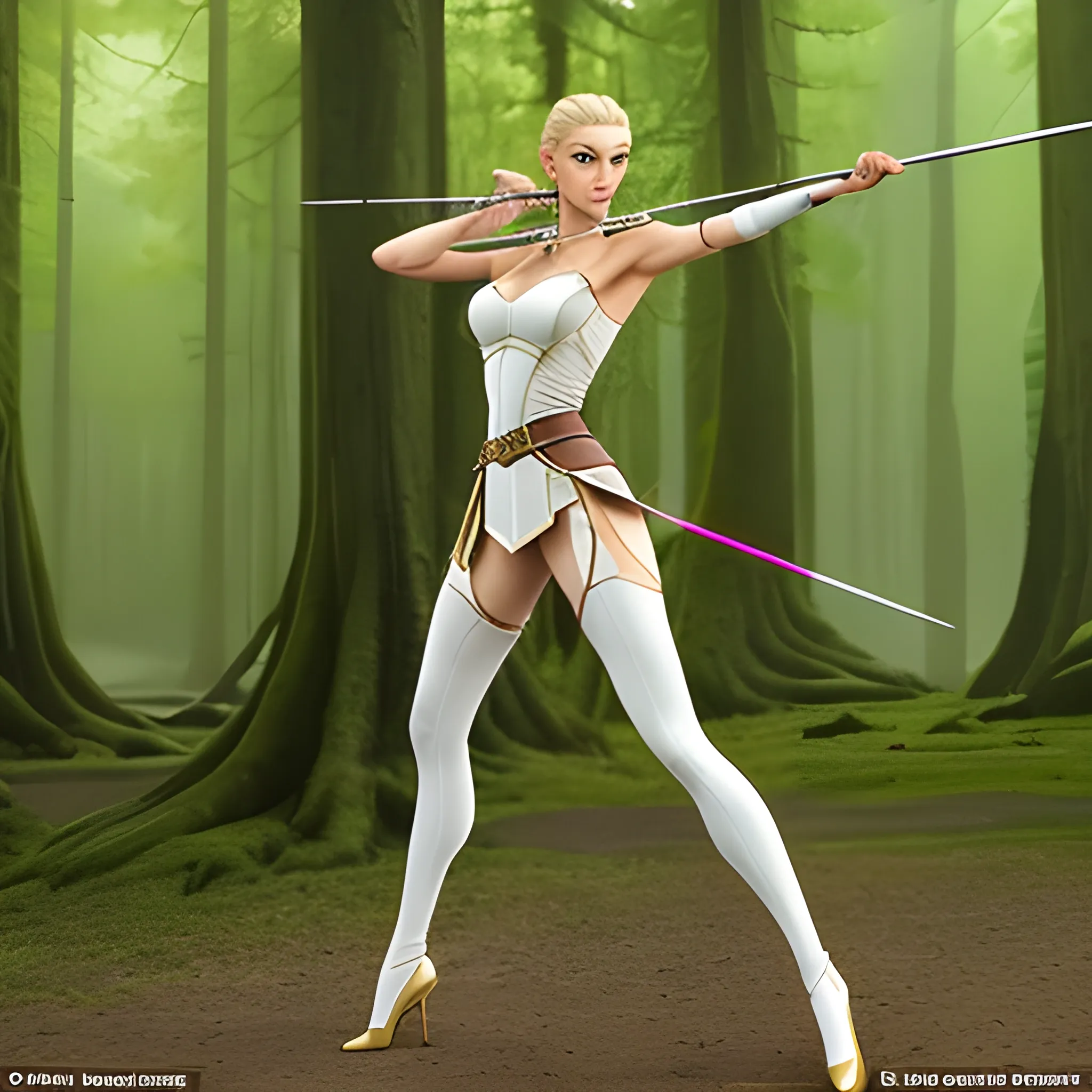 Please create an image of a female elf archer.

- Characteristics:
  - Elongated and pointed ears
  - Pale, smooth skin
  - Sharp, piercing green or deep blue eyes
  - Flowing silver or golden hair, styled in a way that suggests grace and femininity

- Clothing:
  - Form-fitting leather or cloth top that contours to her feminine figure, while still allowing ease of movement and aiming
  - Leather or cloth bracers and knee guards for protection, tailored to fit her slender frame
  - Soft-soled shoes for silent movement in natural environments like forests

- Equipment:
  - A finely crafted longbow made of high-quality wood or magical materials, suitable for her size and strength
  - A quiver filled with arrows featuring feather fletchings and metal tips, worn in a position that accentuates her curves
  - A belt carrying various small tools and spare arrows, cinched at the waist to emphasize her feminine silhouette

- Pose and demeanor:
  - Standing in a poised and graceful stance, ready to draw the bow
  - Displaying calm precision and focus, indicative of her skill in archery
  - Movement should appear fluid and elegant, almost like a dance, highlighting her agility and femininity

Please depict the female elf archer in a combat-ready position, emphasizing her agility, accuracy, and elegant fighting style, while also showcasing her feminine qualities.