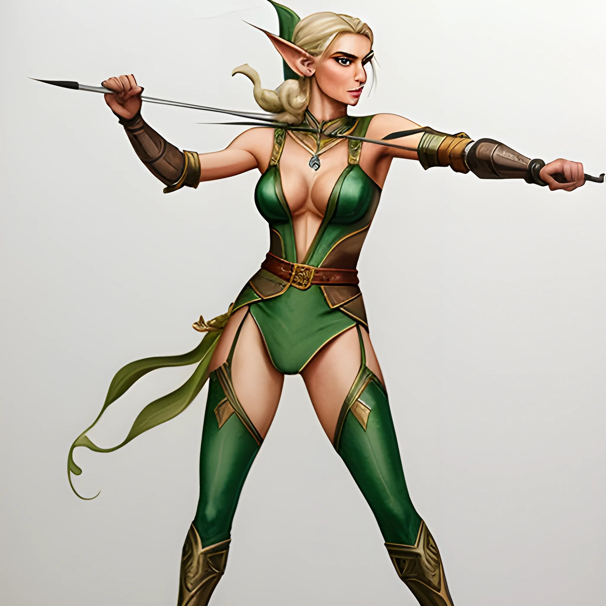 Please create an image of a female elf archer.

- Characteristics:
  - Elongated and pointed ears
  - Pale, smooth skin
  - Sharp, piercing green or deep blue eyes
  - Flowing silver or golden hair, styled in a way that suggests grace and femininity

- Clothing:
  - Form-fitting leather or cloth top that contours to her feminine figure, while still allowing ease of movement and aiming
  - Leather or cloth bracers and knee guards for protection, tailored to fit her slender frame
  - Soft-soled shoes for silent movement in natural environments like forests

- Equipment:
  - A finely crafted longbow made of high-quality wood or magical materials, suitable for her size and strength
  - A quiver filled with arrows featuring feather fletchings and metal tips, worn in a position that accentuates her curves
  - A belt carrying various small tools and spare arrows, cinched at the waist to emphasize her feminine silhouette

- Pose and demeanor:
  - Standing in a poised and graceful stance, ready to draw the bow
  - Displaying calm precision and focus, indicative of her skill in archery
  - Movement should appear fluid and elegant, almost like a dance, highlighting her agility and femininity

Please depict the female elf archer in a combat-ready position, emphasizing her agility, accuracy, and elegant fighting style, while also showcasing her feminine qualities., Pencil Sketch, Water Color