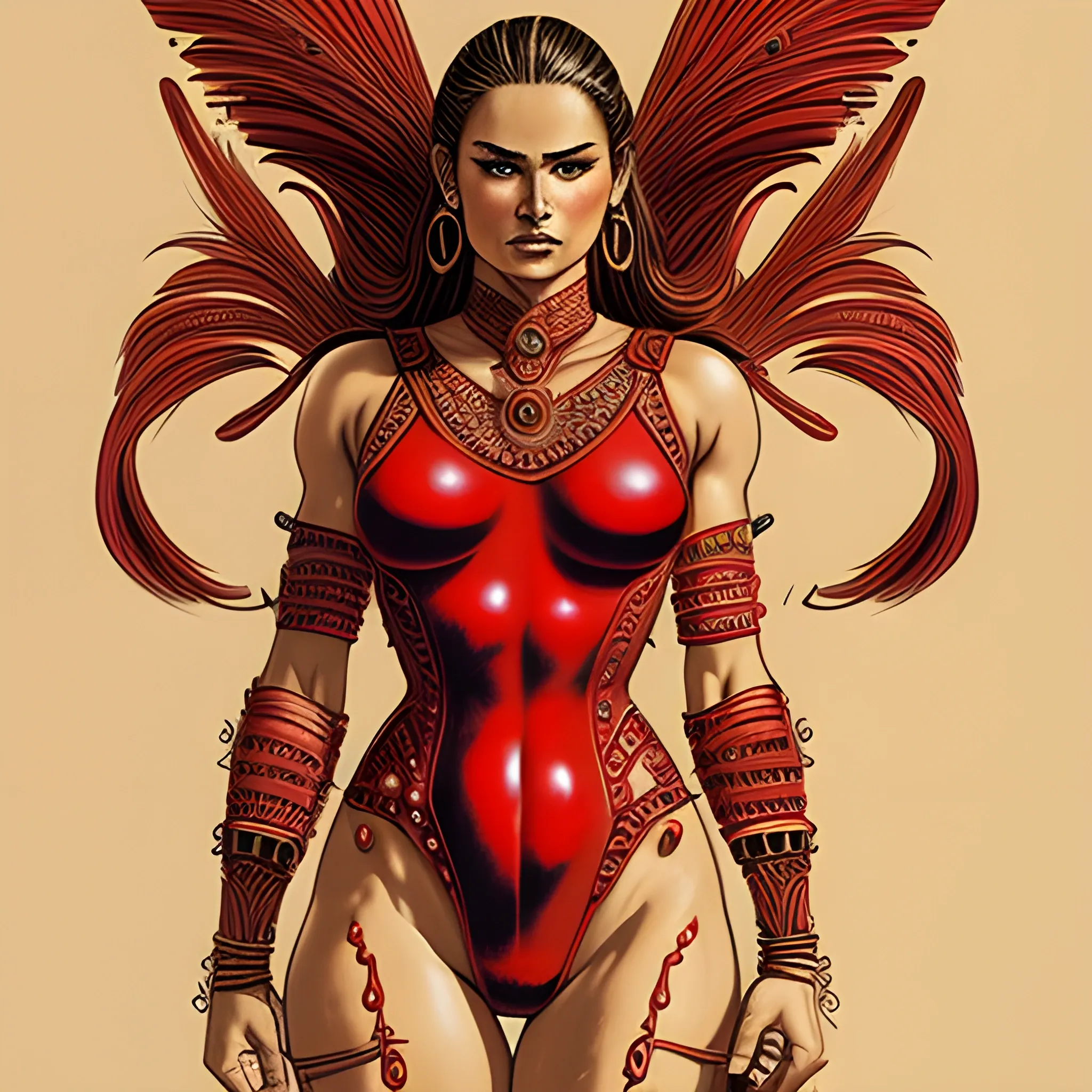 intricate beautiful warrior woman in a red bodysuit drawn in the style of Boris Vallejo