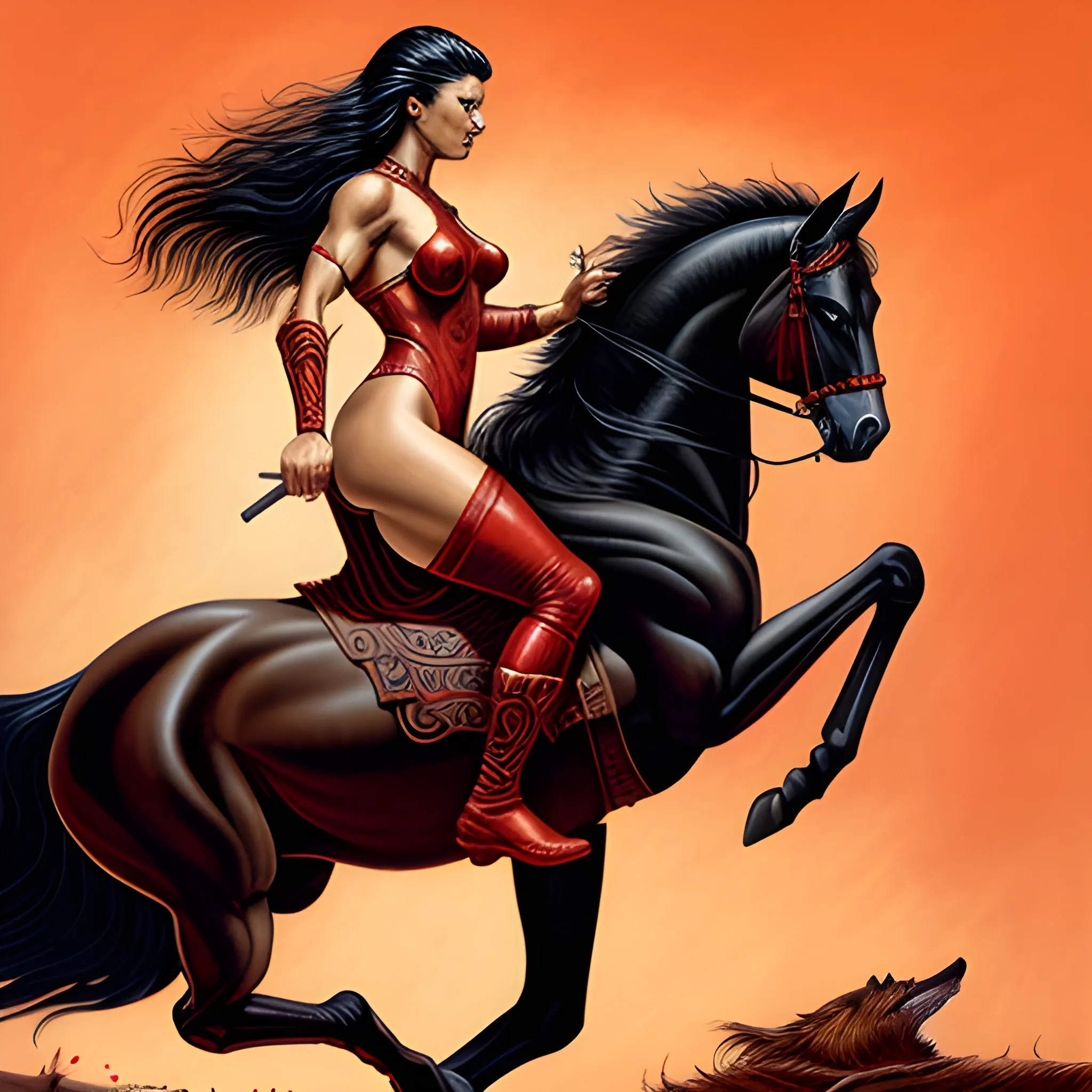 intricate beautiful warrior woman on a black horse fighting wolves in a red bodysuit drawn in the style of Boris Vallejo