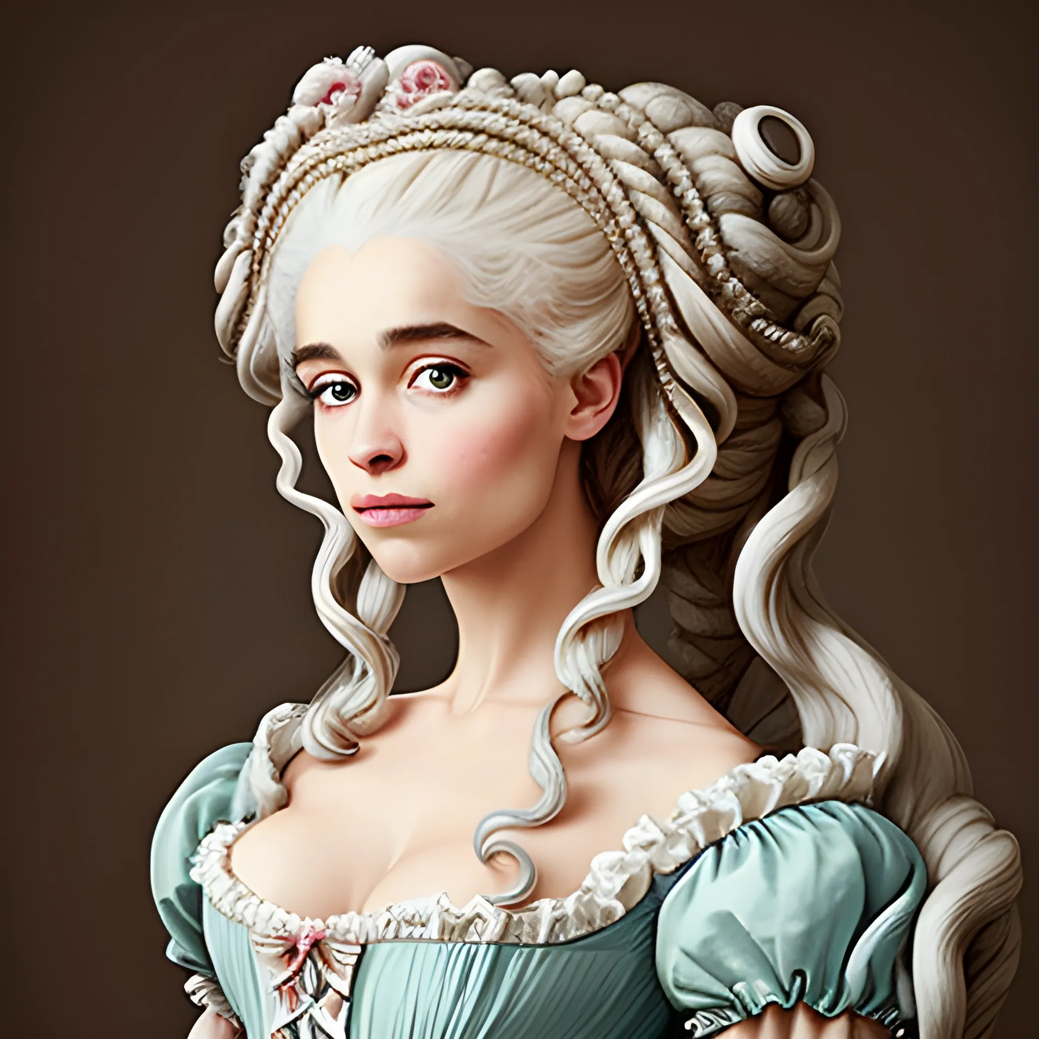 "Rococo Daenerys as Marie Antoinette", elaborate gown, huge rococo hair, head and shoulders portrait,, Trippy