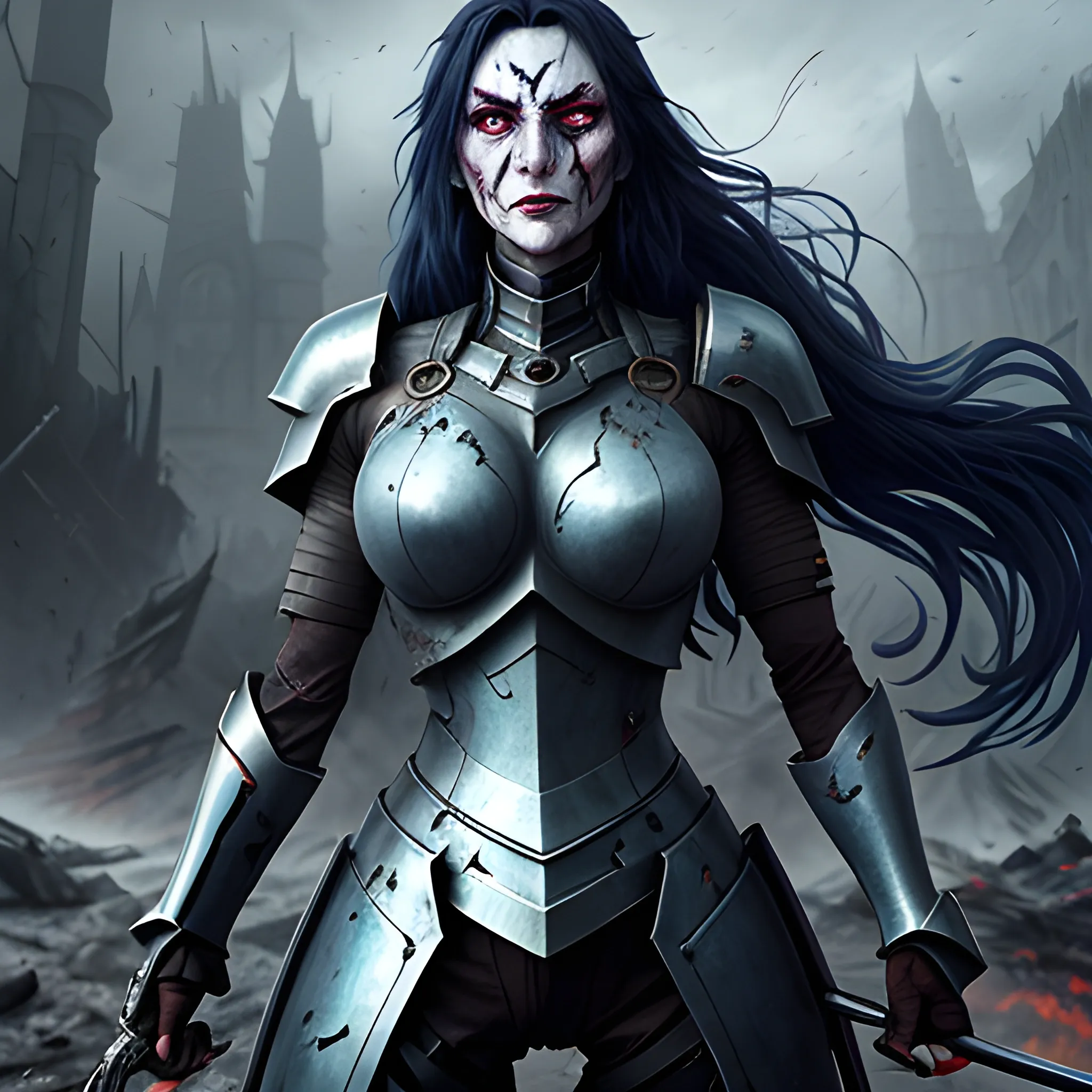 On the battlefield, amidst the chaos and carnage, stands an anime girl clad in a worn and battered iron armor. Her long black hair flows in disarray, mirroring the intensity of the ongoing struggle. The blue pupils in her fatigued eyes reflect the toll of the prolonged conflict. Her armor, once a formidable shield, now bears the scars of the battle, shattered in some parts and stained with the remnants of her foes. Gripped tightly in her blood-stained hand is a broken sword, a testament to the unyielding determination that courses through her despite the weariness etched on her face.




, Cartoon