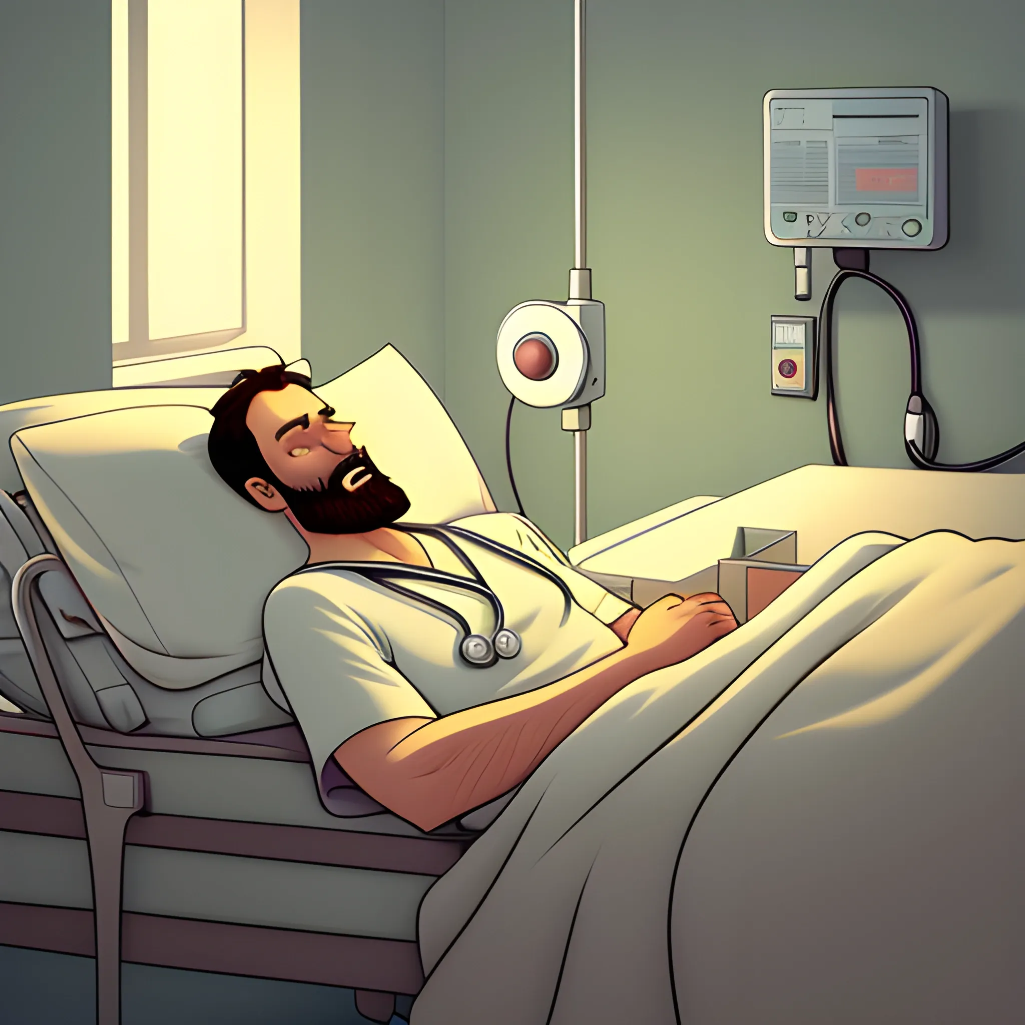 /imagine prompt: A touching digital illustration depicting a sick 9-year-old boy lying on a hospital bed. The compassionate doctor is checking on him, showing concern on their face. The hospital room is well-lit with a soft warm light, creating a comforting atmosphere. The colors used in the illustration are gentle and muted, emphasizing the calmness of the scene. The boy's pale face and the doctor's gentle expression convey the vulnerability and care involved in healthcare. Illustration, digital illustration --ar 16:9 --v 5 --stylize 1000, Cartoon, Cartoon