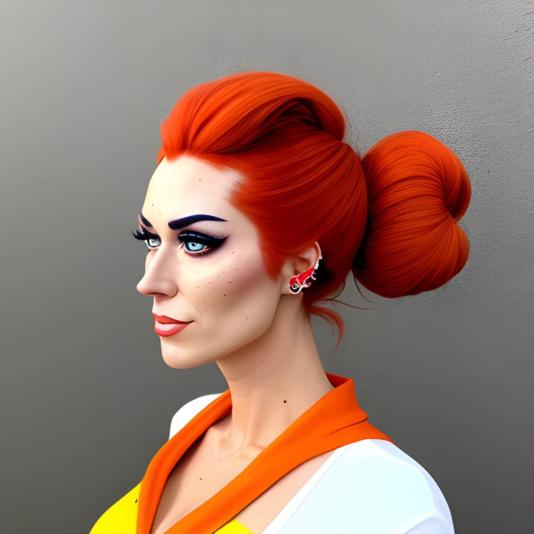 70s style anime girl with a messy bun that looks like fire, Cartoon