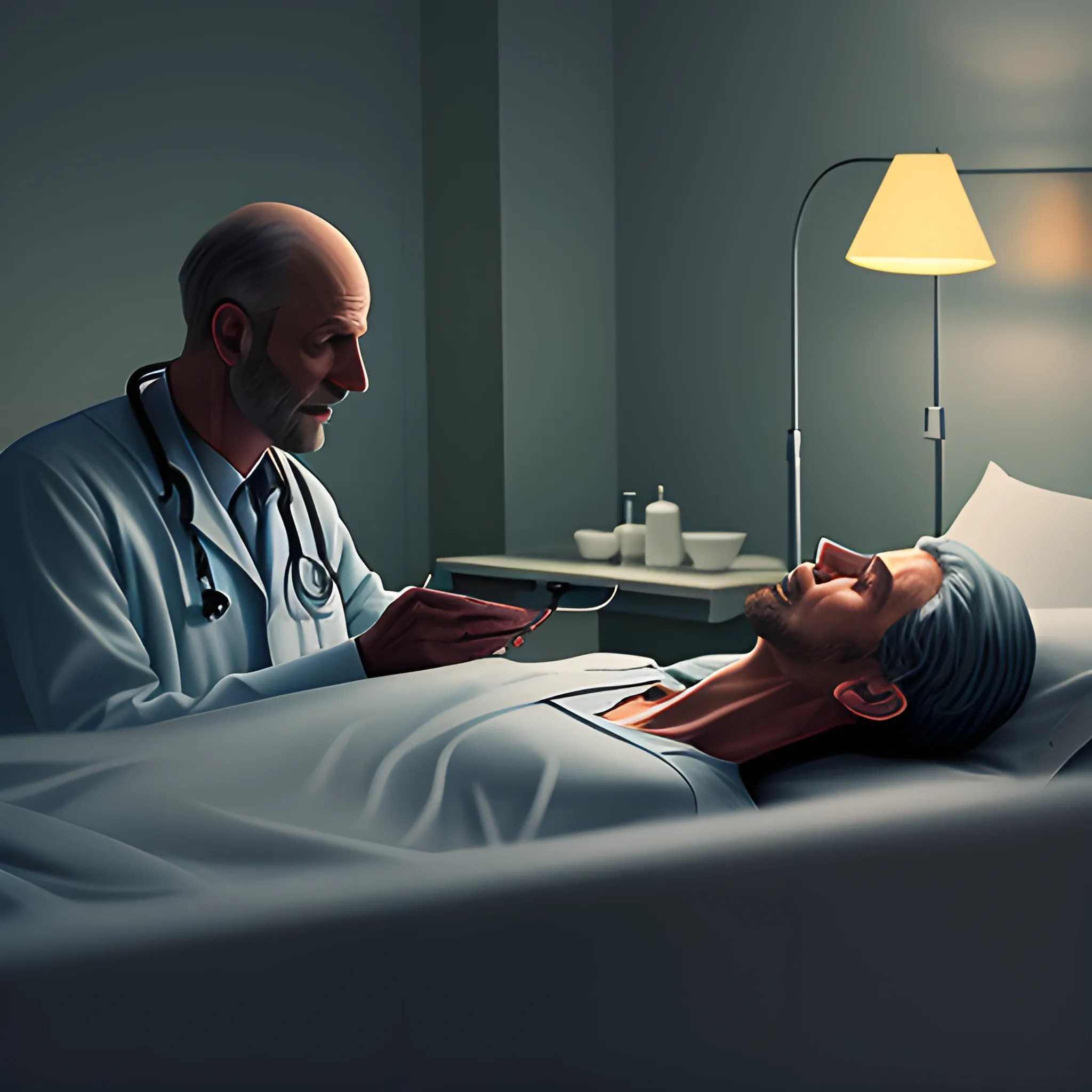 /imagine prompt: A poignant digital illustration showcasing a sick 9-year-old boy lying in a hospital bed, his frail body covered with a blanket. The caring doctor is standing next to him, checking his vital signs with a stethoscope. The artist captures the delicate nature of the boy's condition and the compassion of the doctor. The color temperature is cool to convey the somber atmosphere, and the lighting is soft, casting gentle shadows.

--v 5 --stylize 1000 --ar 16:9