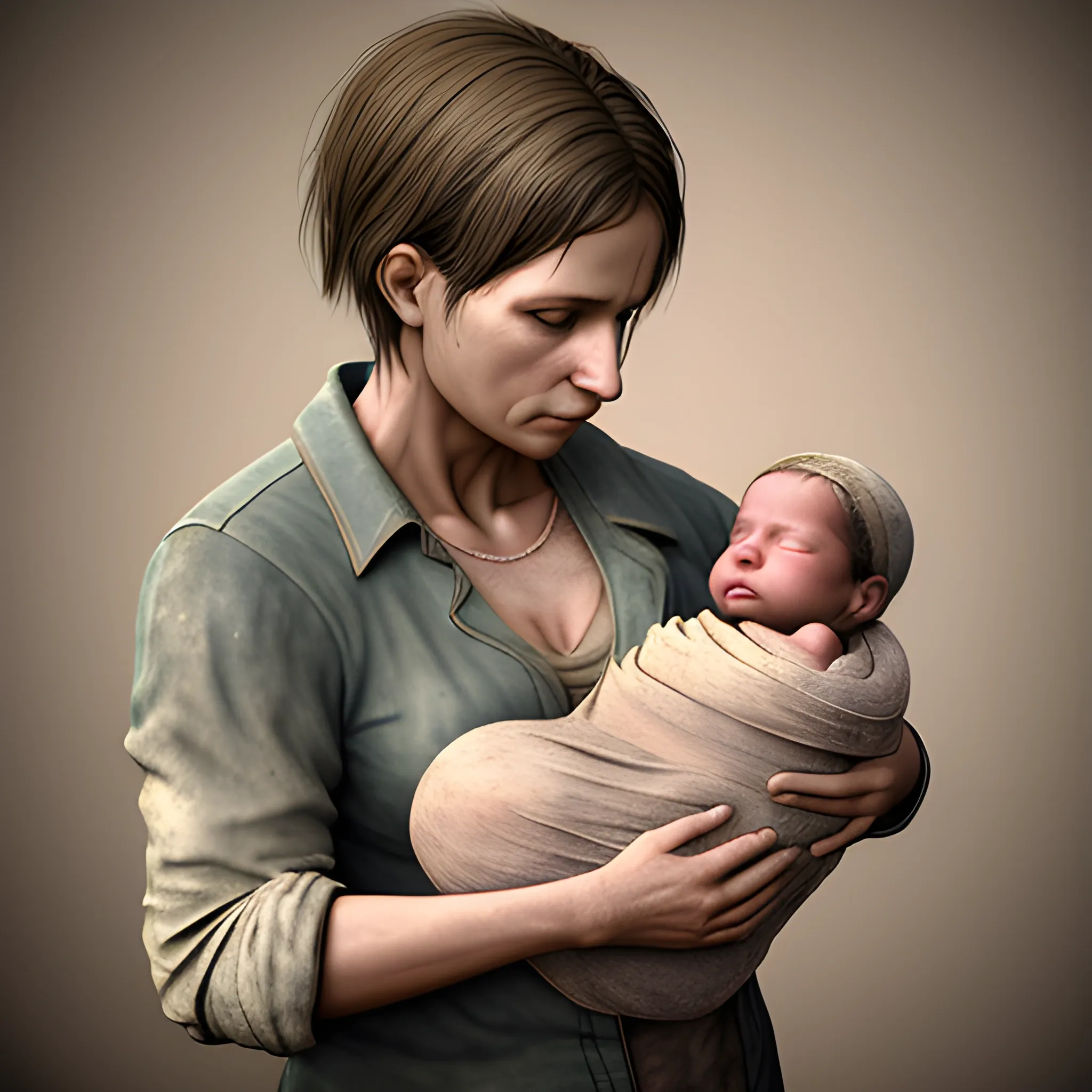 a mother sit with her newborn in her arms  a dad with poor cloths. realistic, 3D