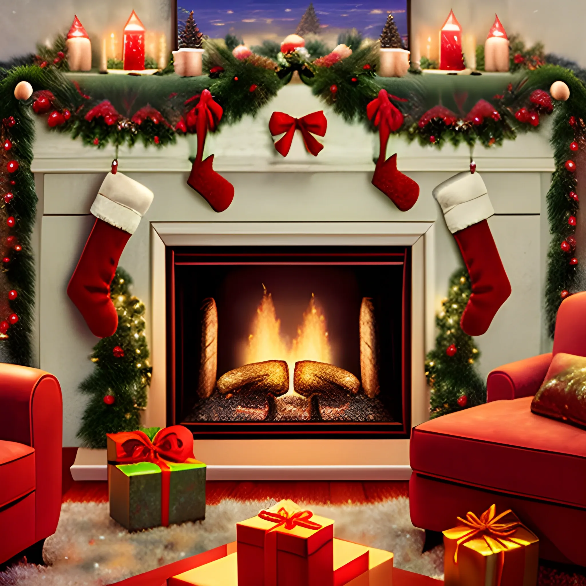 fireplaces, Christmas, surrealism scene, Trippy - Arthub.ai