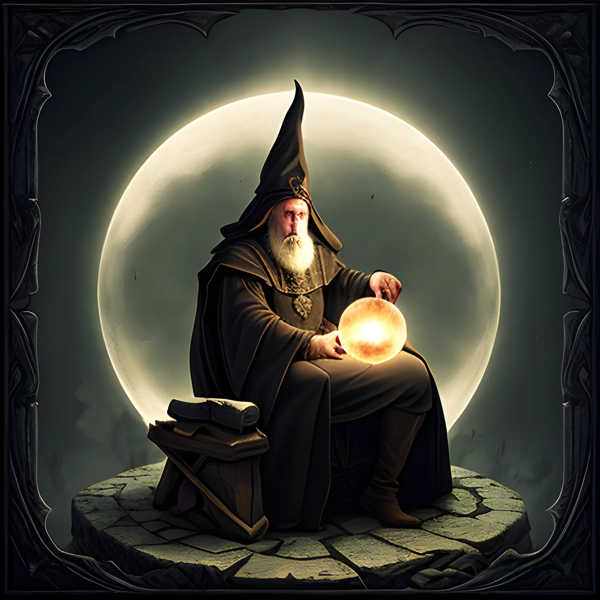 , dark fantasy, medieval wizard, watching an orb