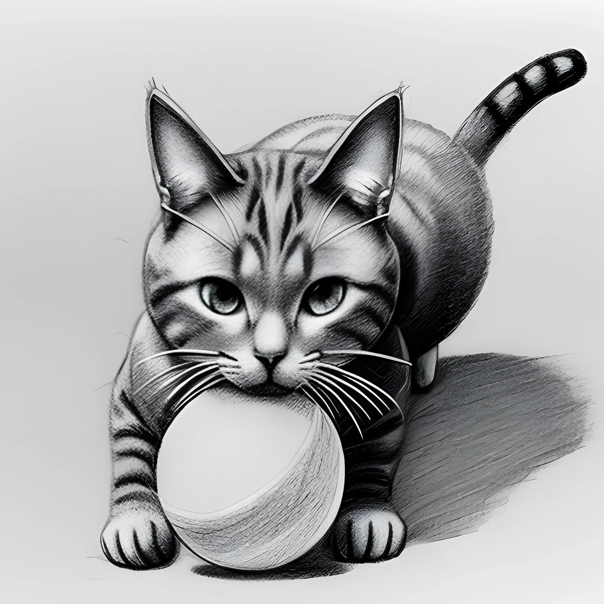 Gato siamés jugando con una bola de papel por el salón , Pencil Sketch